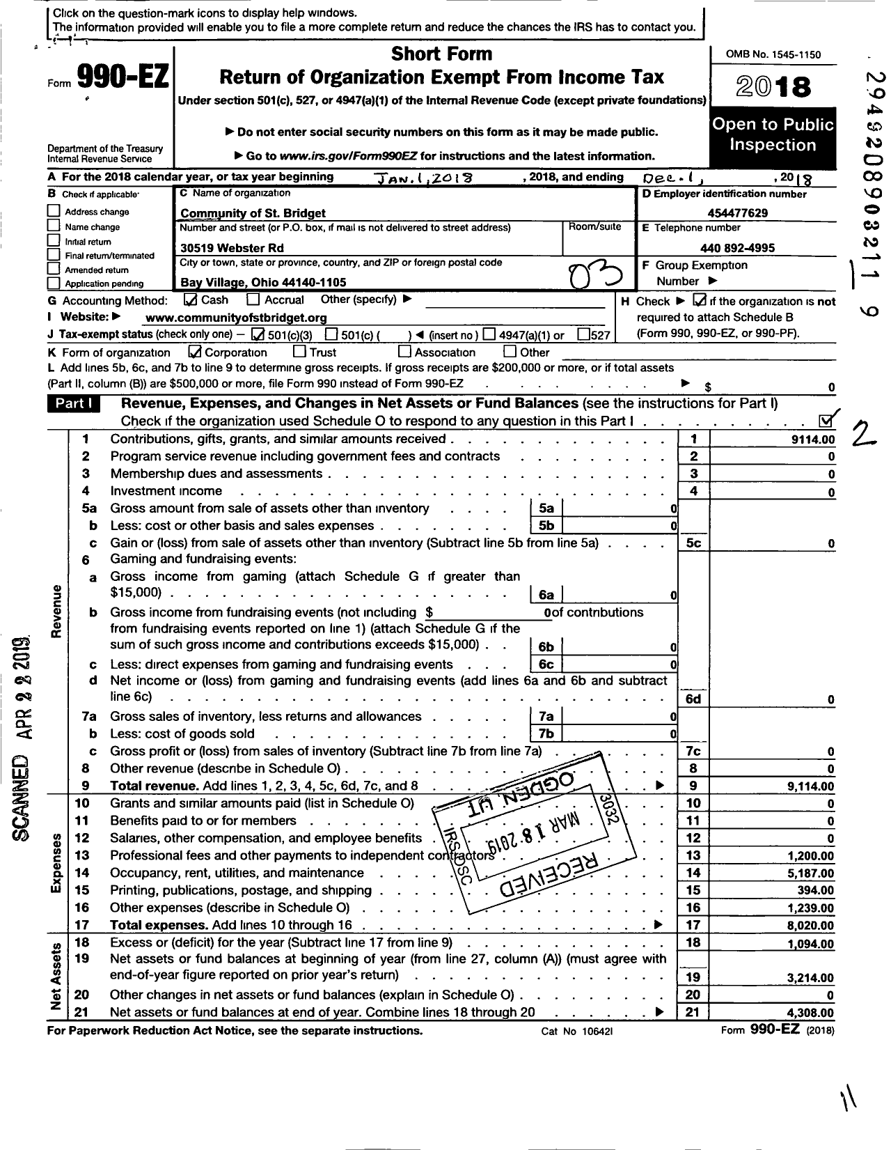 Image of first page of 2018 Form 990EZ for Community of St Bridget