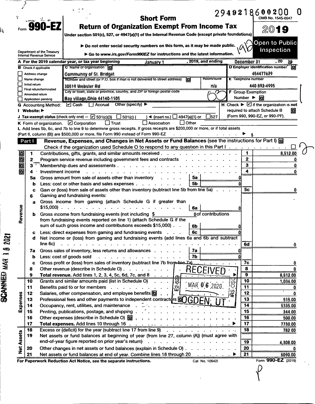 Image of first page of 2019 Form 990EZ for Community of St Bridget