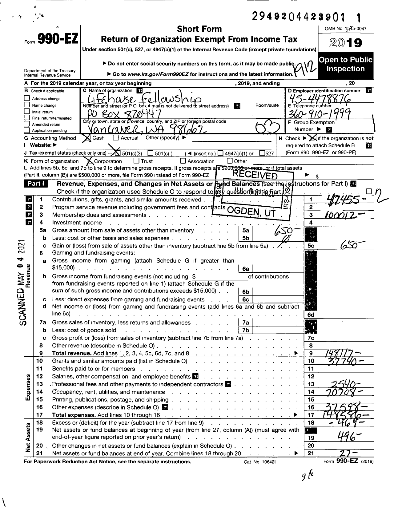 Image of first page of 2019 Form 990EZ for Lifehouse Fellowship