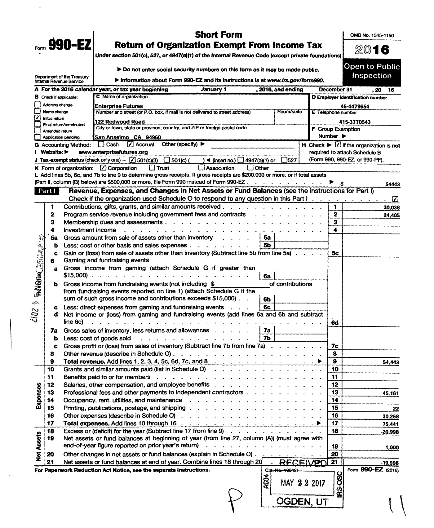 Image of first page of 2016 Form 990EZ for Entrepreneur Futures