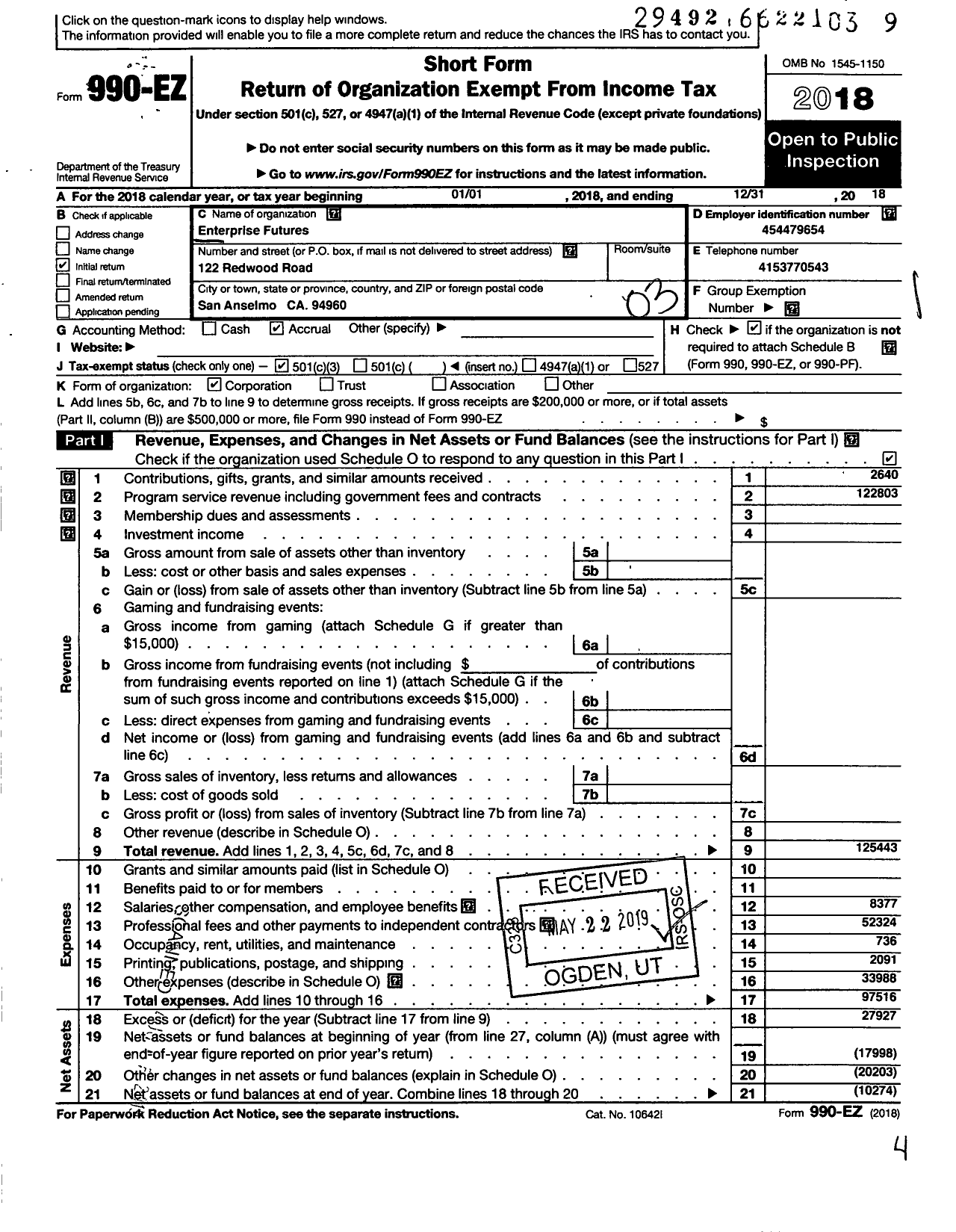 Image of first page of 2018 Form 990EZ for Entrepreneur Futures