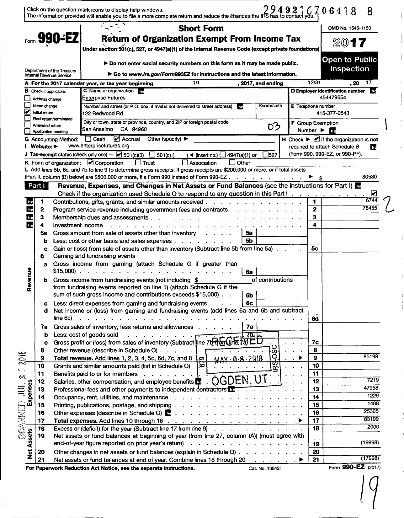Image of first page of 2017 Form 990EZ for Entrepreneur Futures