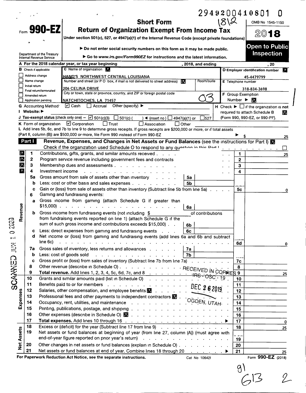 Image of first page of 2018 Form 990EZ for Hands Up Northwest Louisiana