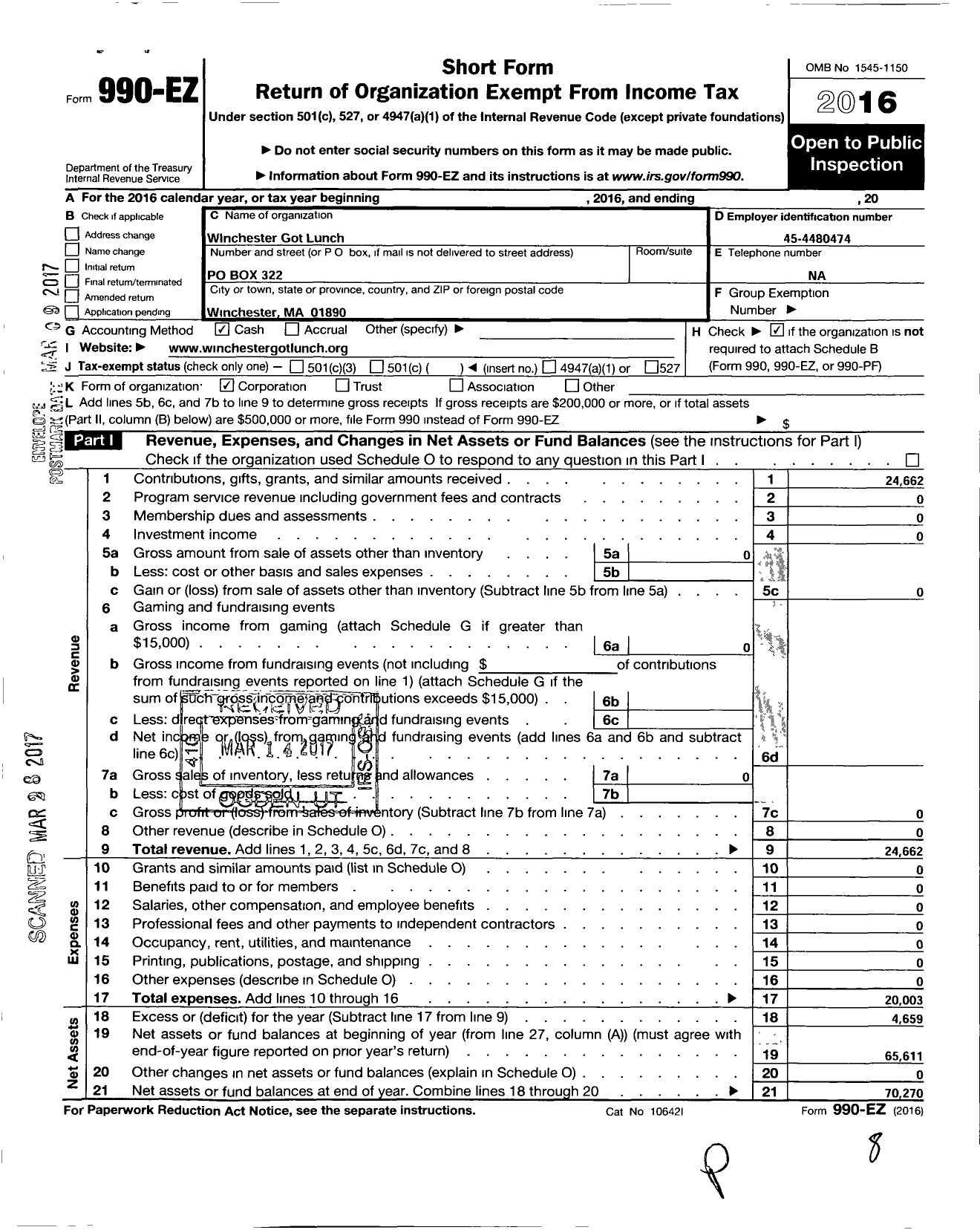 Image of first page of 2016 Form 990EO for Winchester Got Lunch