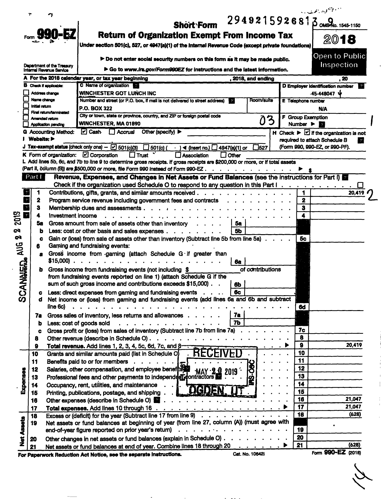 Image of first page of 2018 Form 990EZ for Winchester Got Lunch