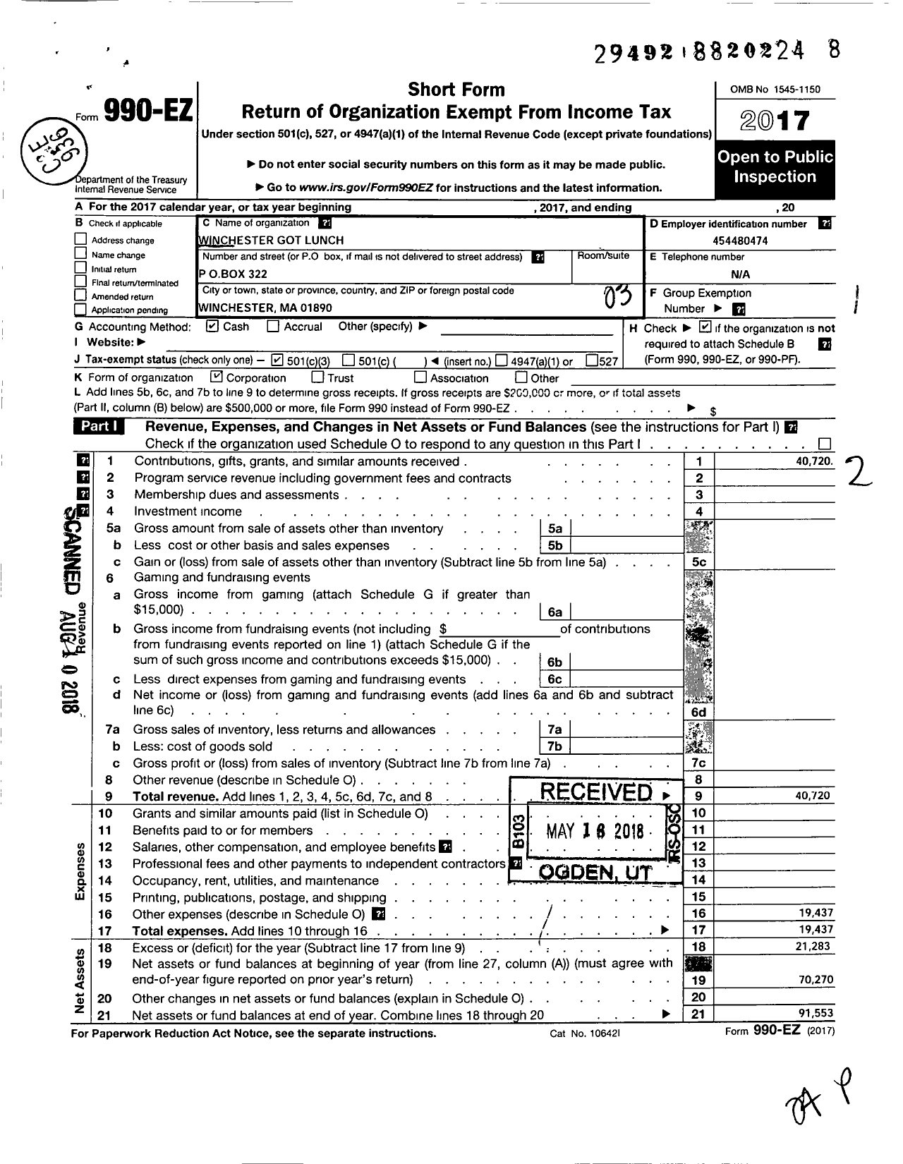 Image of first page of 2017 Form 990EZ for Winchester Got Lunch