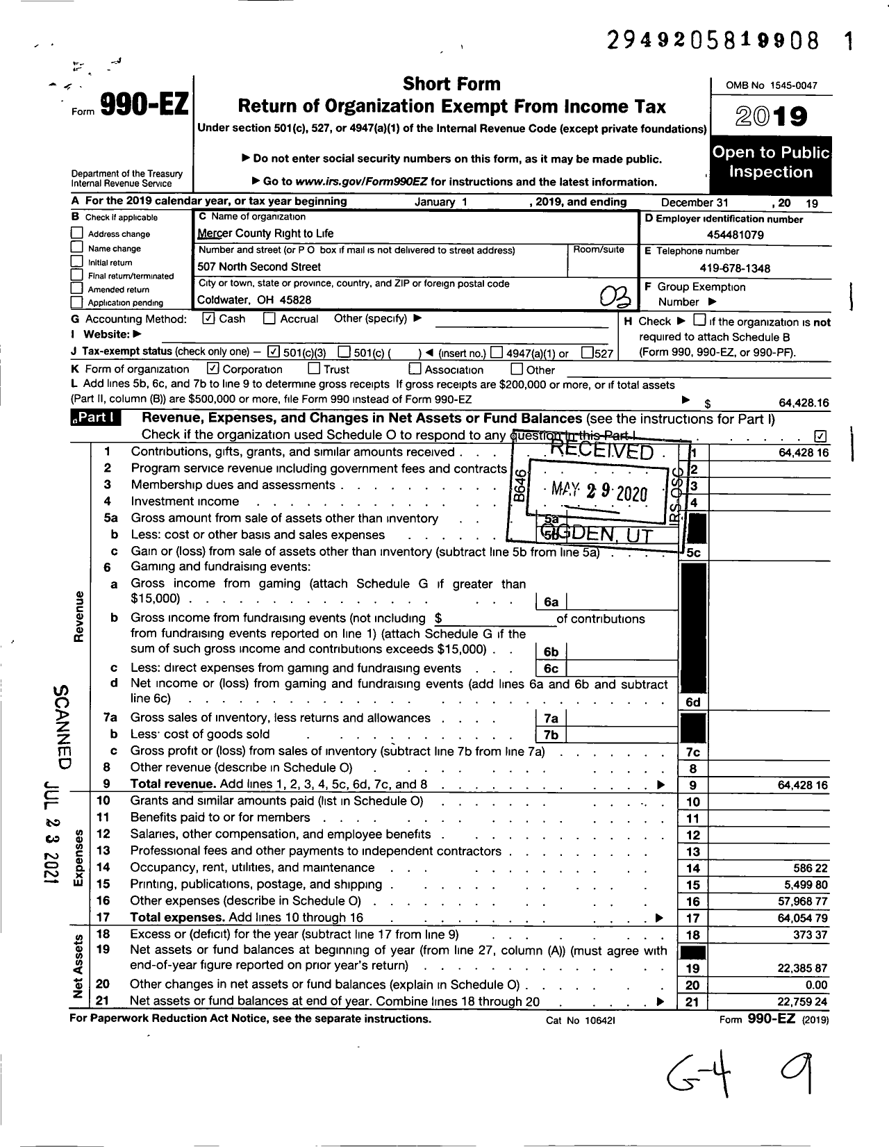 Image of first page of 2019 Form 990EZ for Mercer County Right To Life