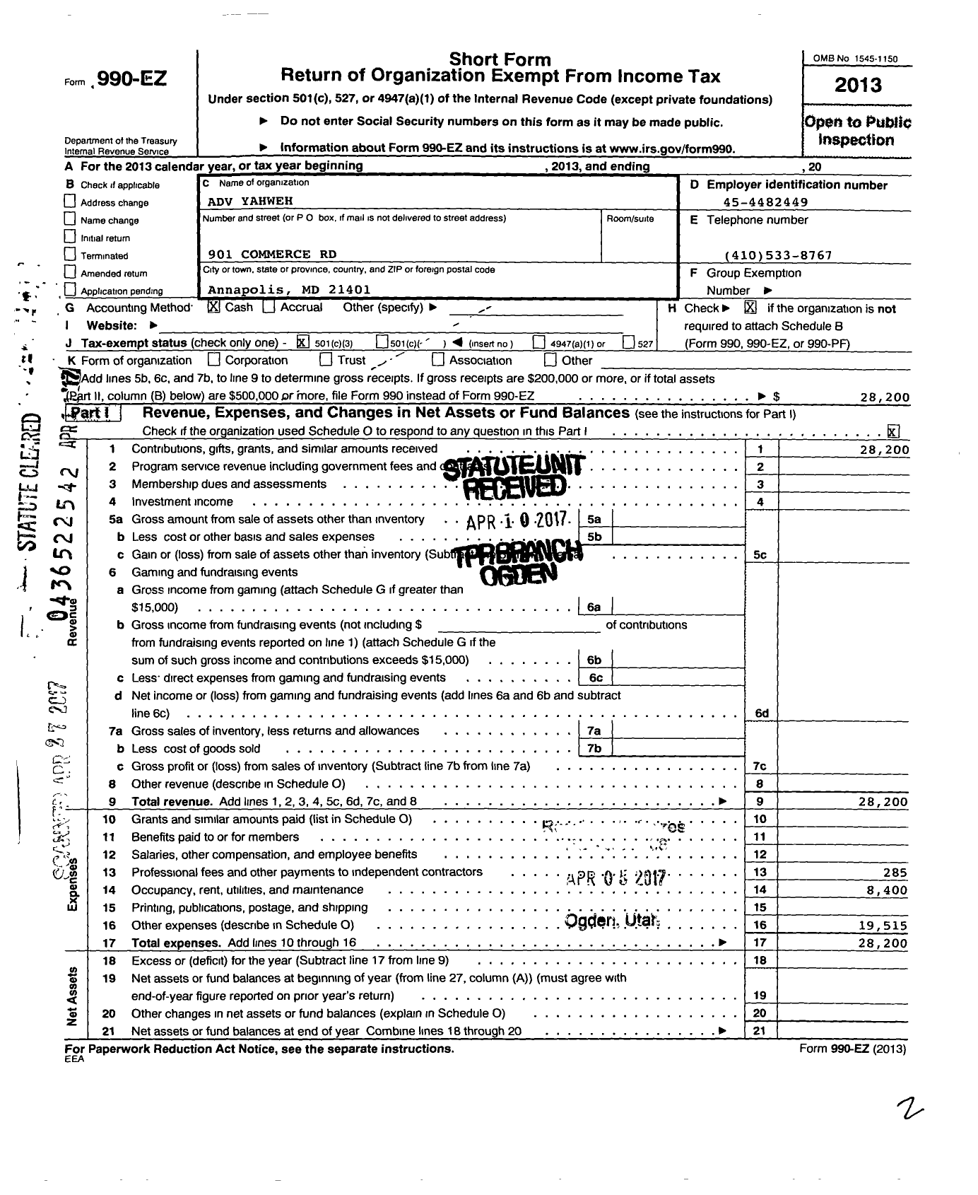 Image of first page of 2013 Form 990EZ for Adv Yahweh