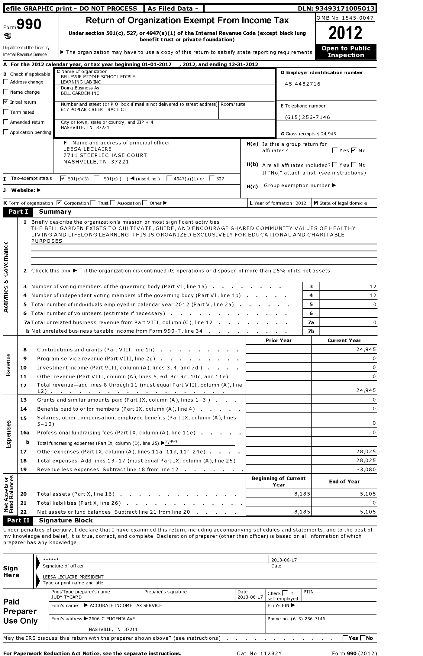 Image of first page of 2012 Form 990 for Bellevue Middle School Edible Learning Lab