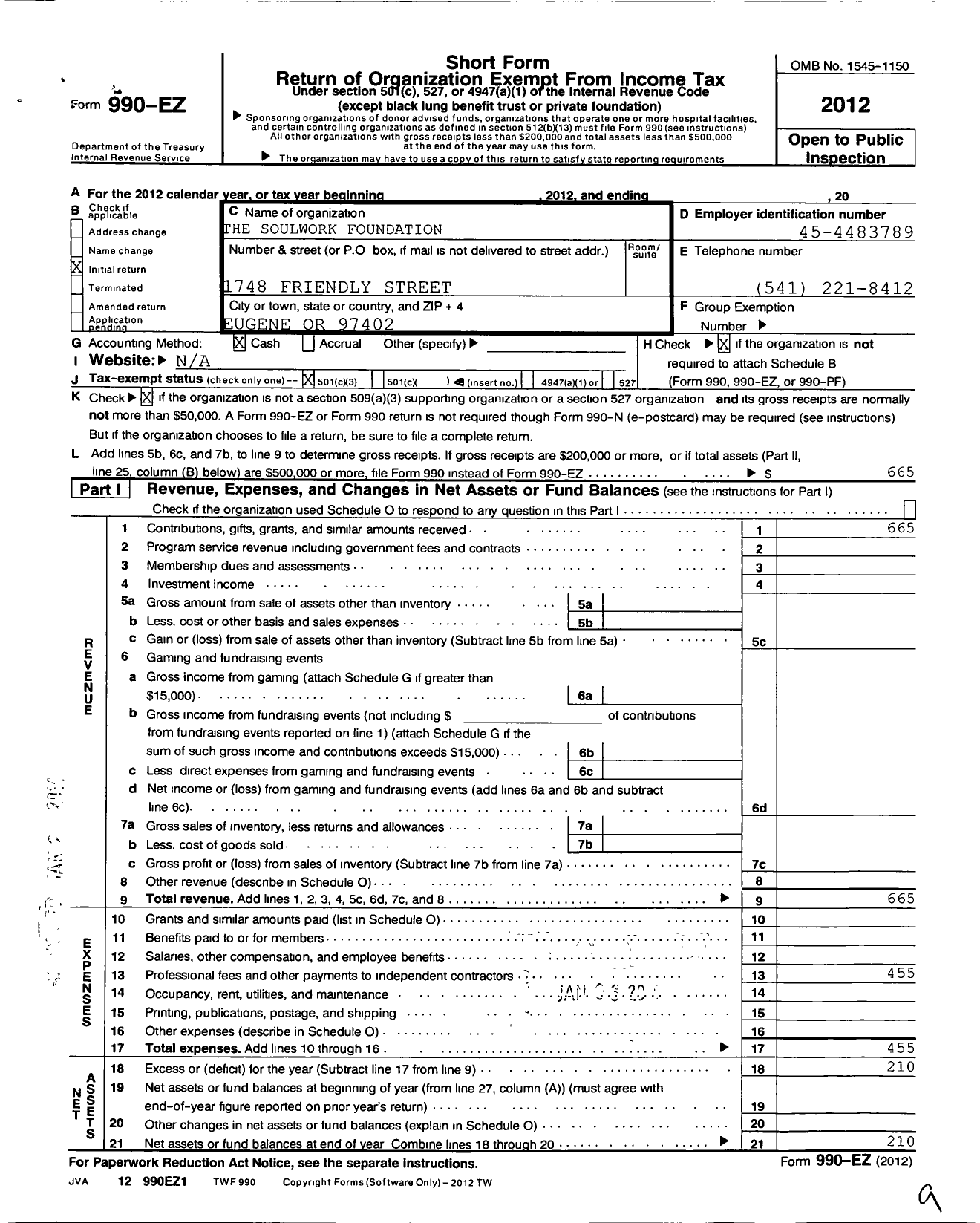 Image of first page of 2012 Form 990EZ for The Soulwork Foundation