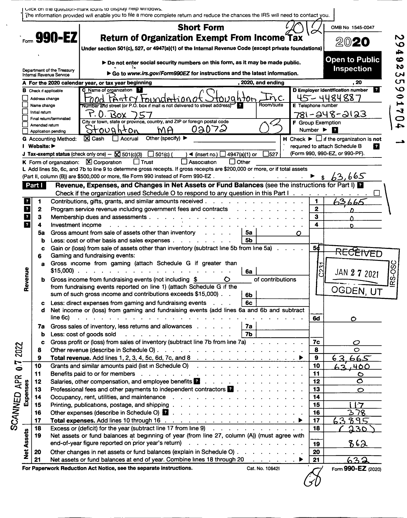 Image of first page of 2020 Form 990EZ for Food Pantry Foundation of Stoughton