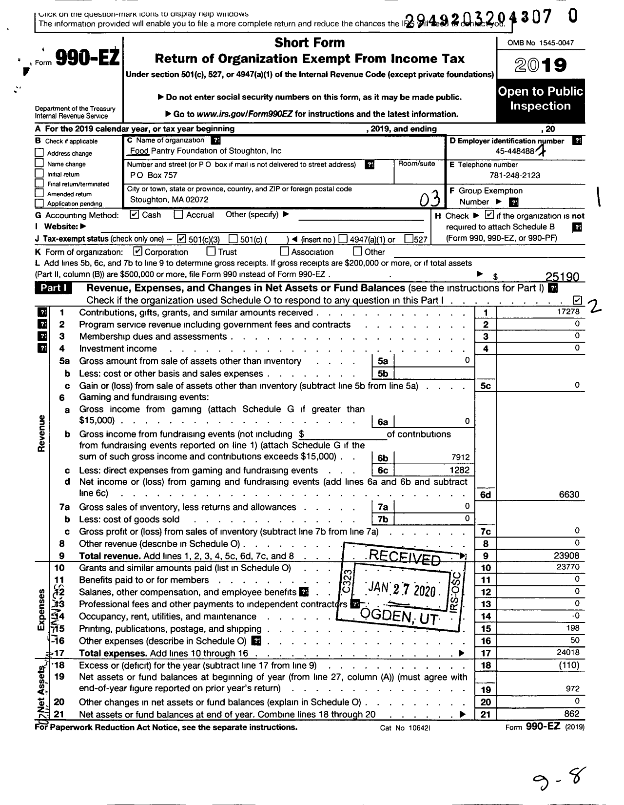 Image of first page of 2019 Form 990EZ for Food Pantry Foundation of Stoughton