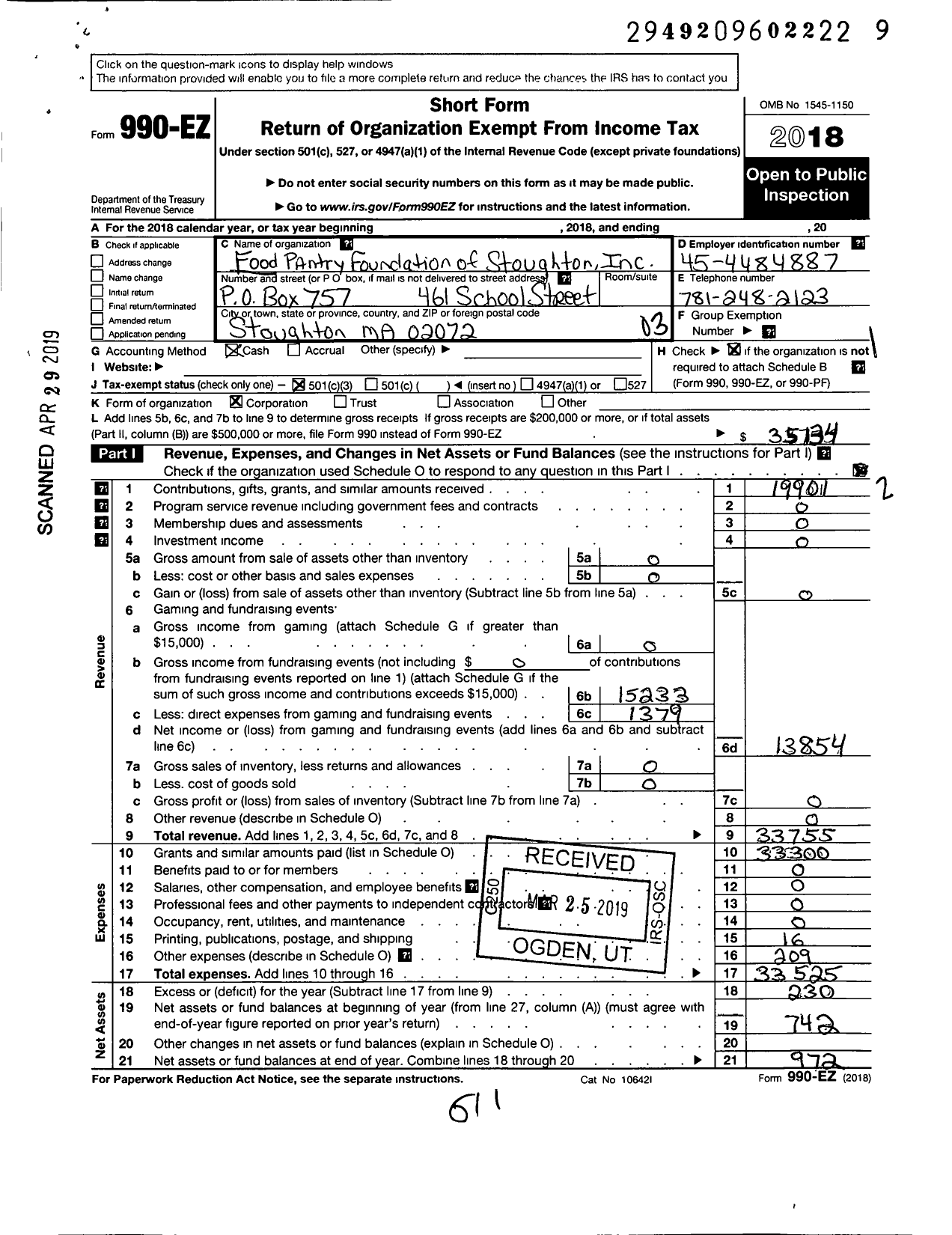 Image of first page of 2018 Form 990EZ for Food Pantry Foundation of Stoughton