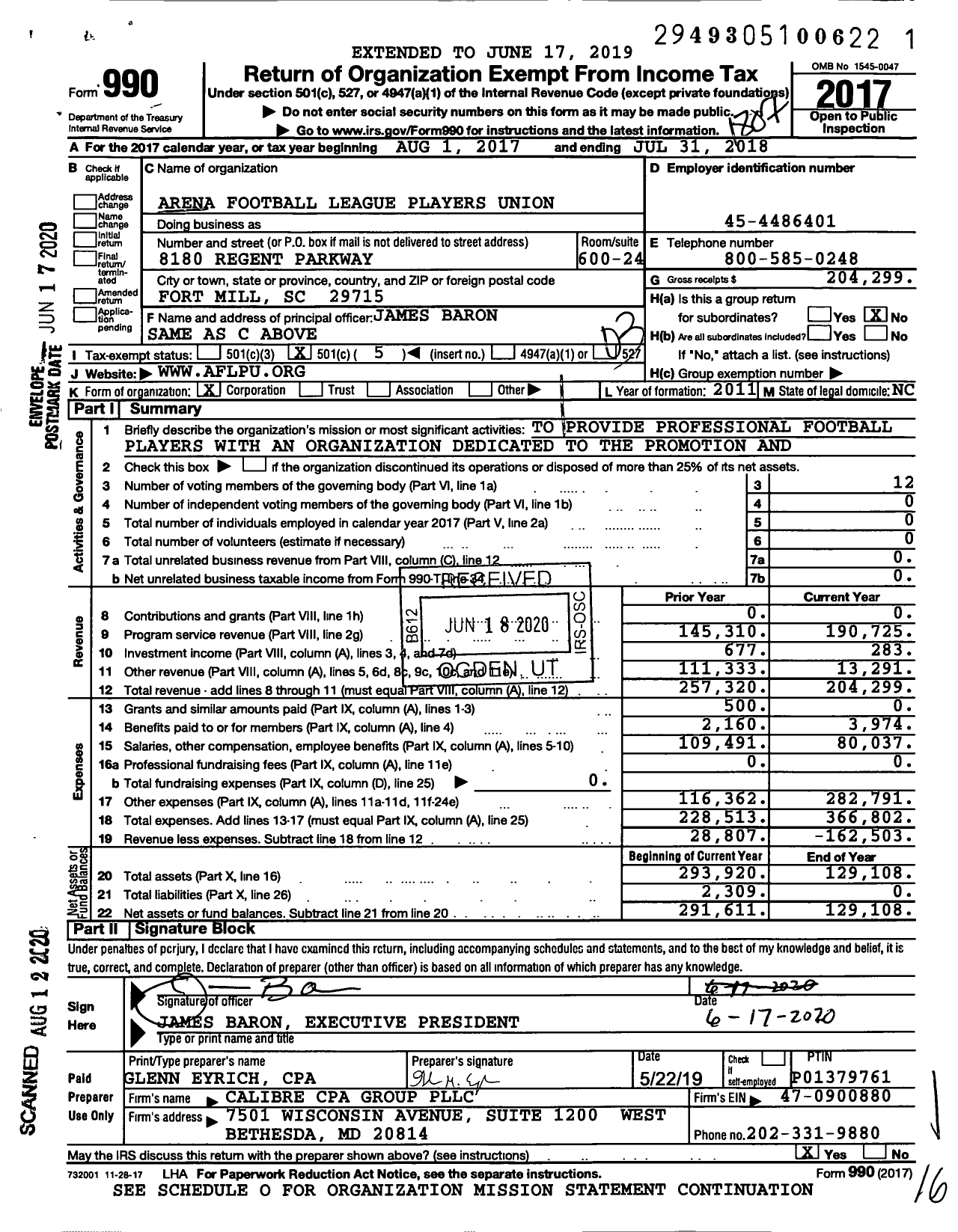 Image of first page of 2017 Form 990 for Arena Football League Players Union