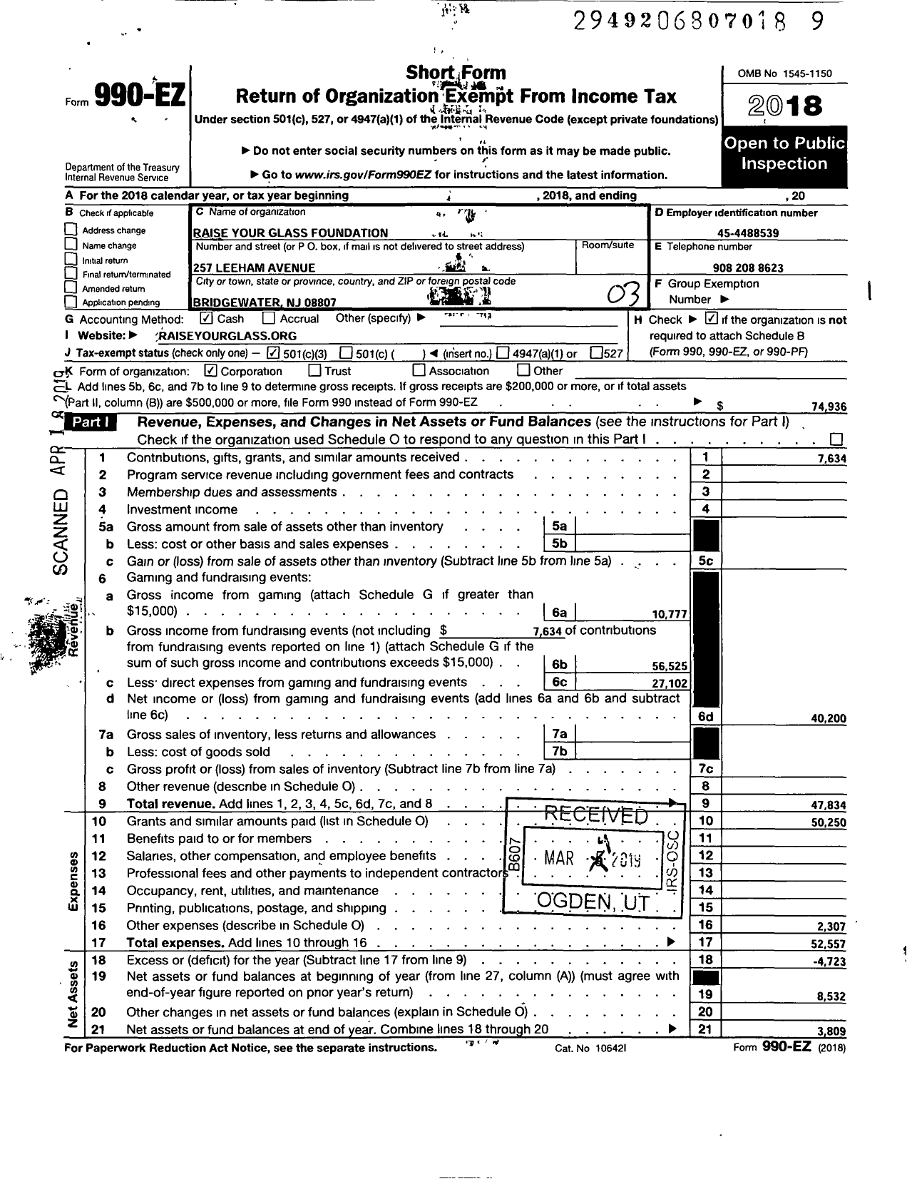 Image of first page of 2018 Form 990EZ for Raise Your Glass Foundation A NJ Nonprofit Corporation