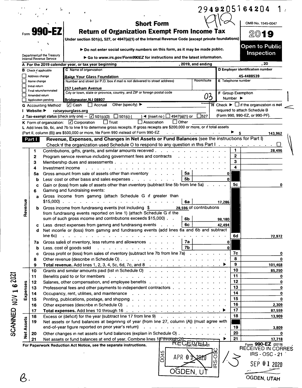 Image of first page of 2019 Form 990EZ for Raise Your Glass Foundation A NJ Nonprofit Corporation