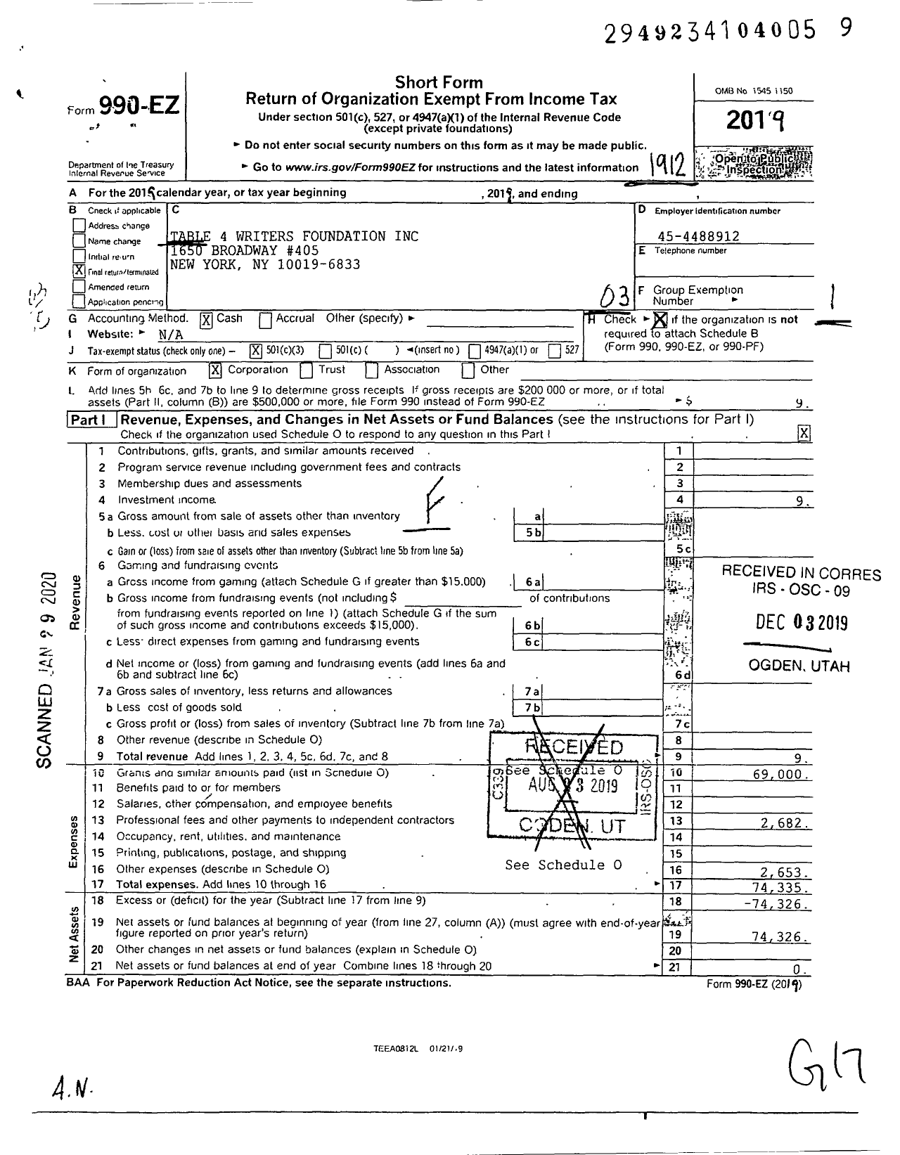 Image of first page of 2019 Form 990EZ for Table 4 Writers Foundation