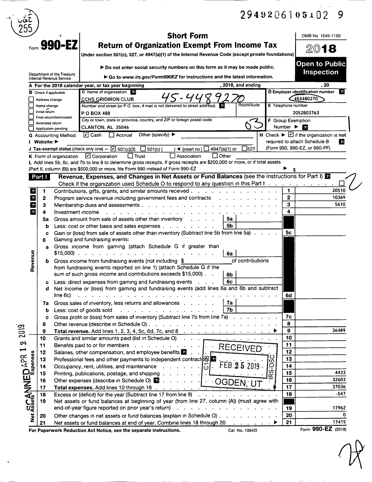 Image of first page of 2018 Form 990EZ for CCHS Gridiron Club