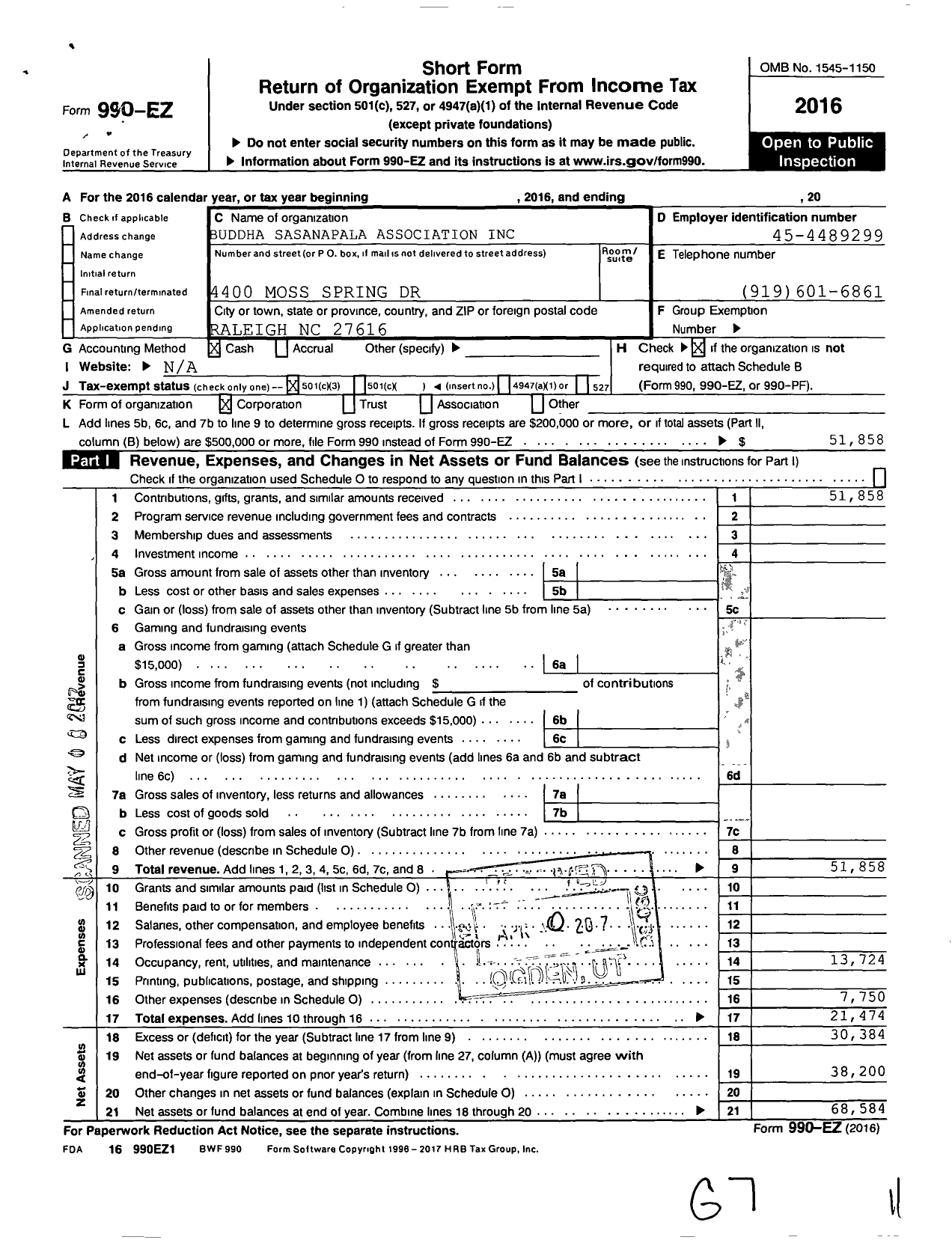 Image of first page of 2016 Form 990EZ for Buddha Sasanapala Association