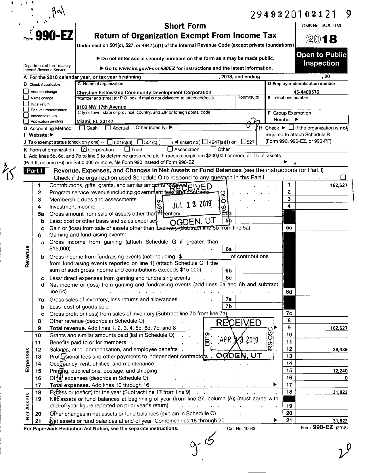 Image of first page of 2018 Form 990EZ for Christian Fellowship Community Development Corporation