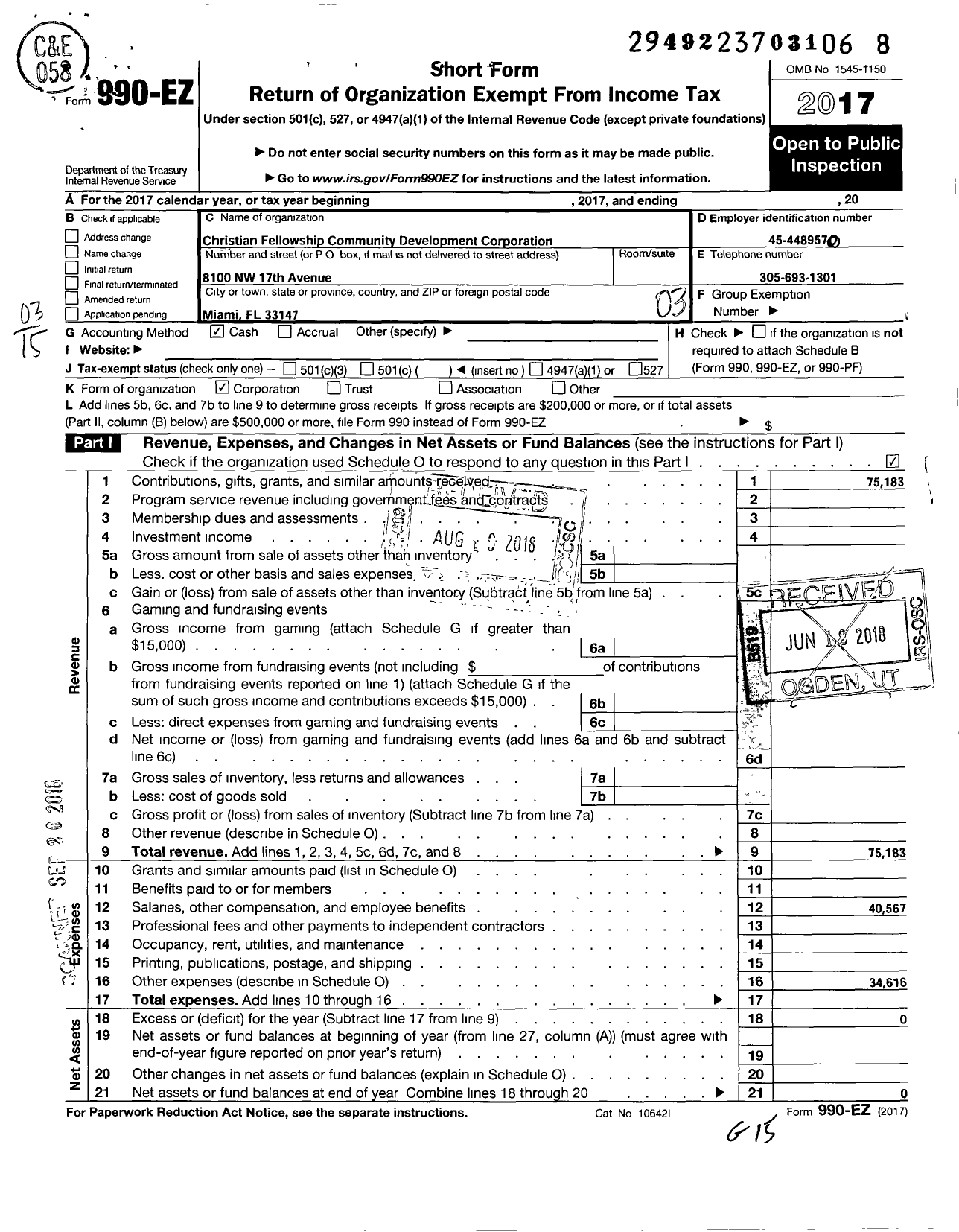 Image of first page of 2017 Form 990EZ for Christian Fellowship Community Development Corporation