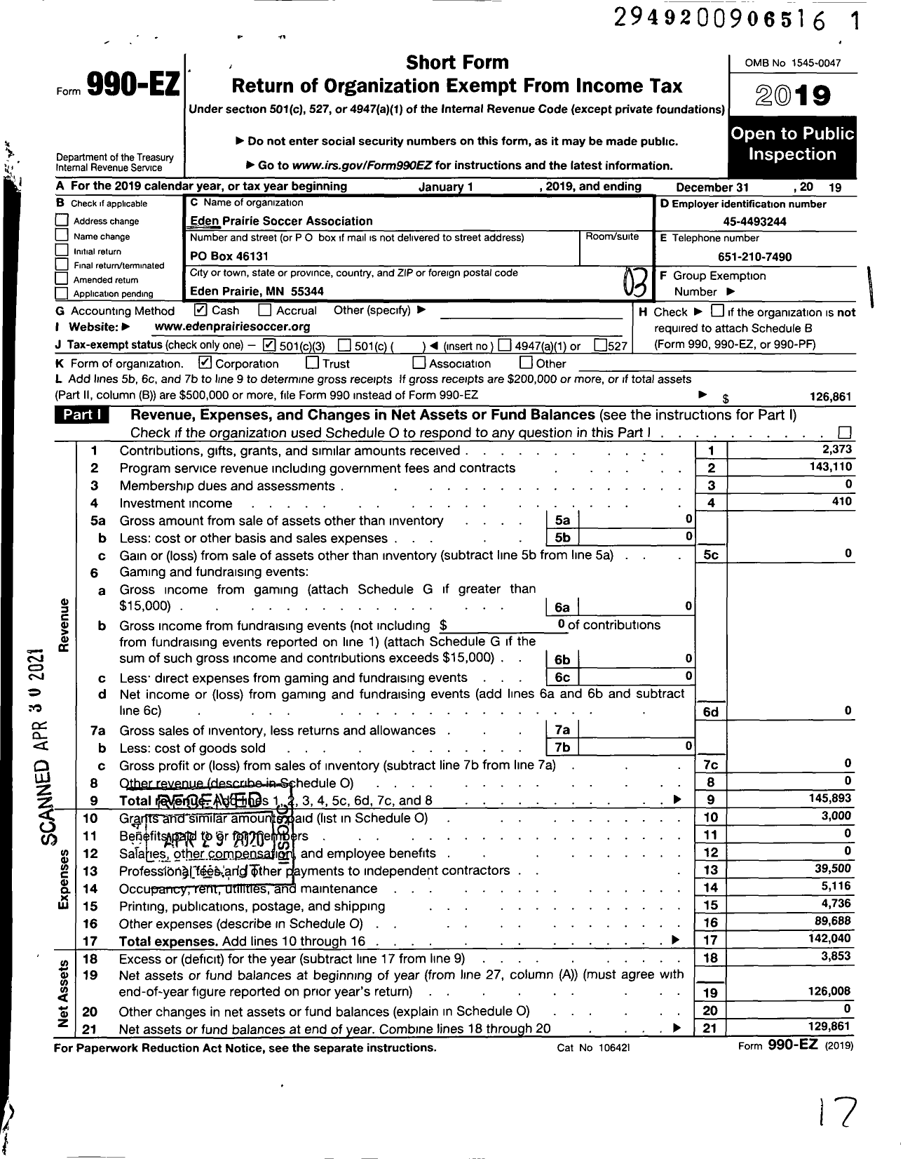 Image of first page of 2019 Form 990EZ for Eden Prairie Soccer Association