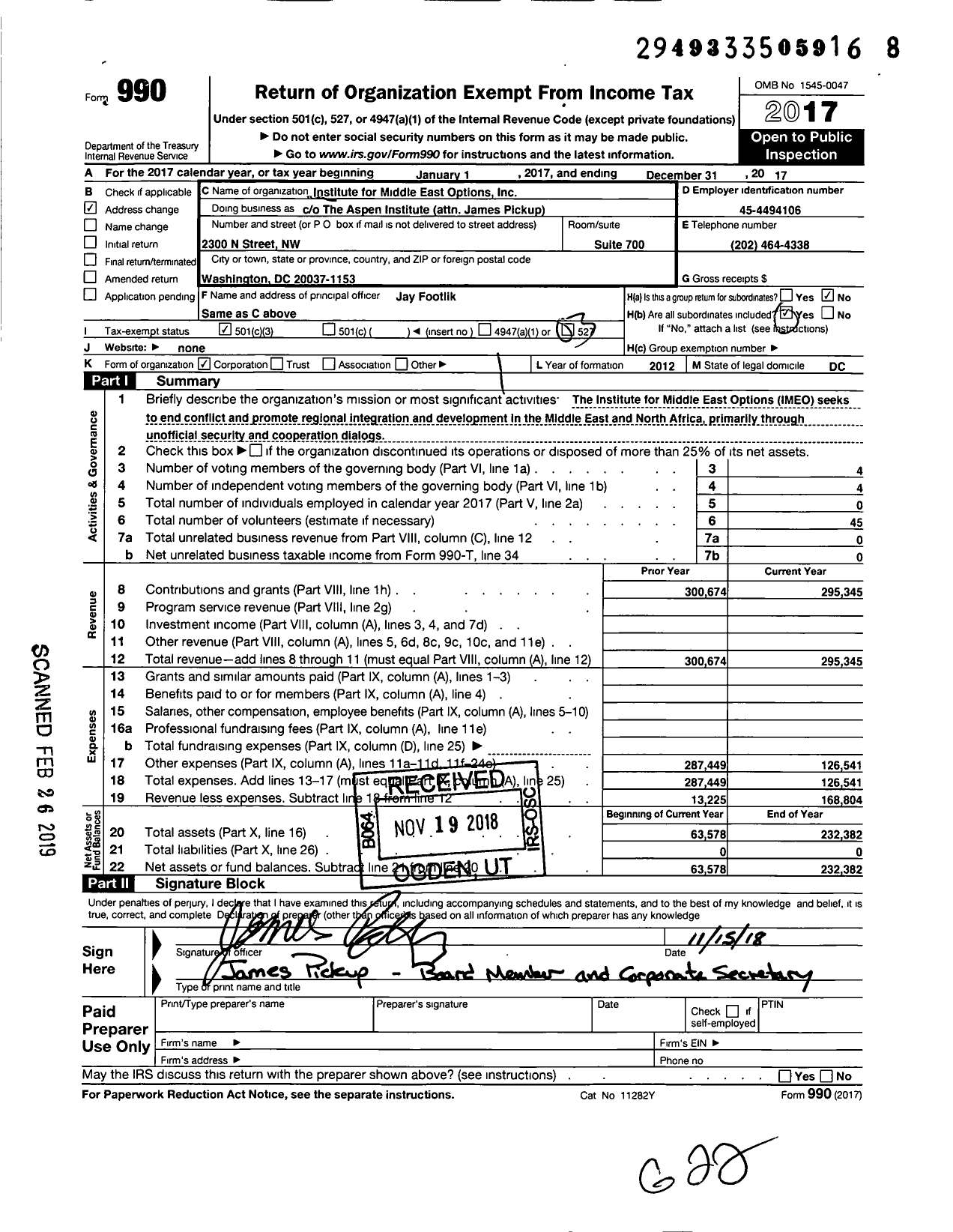 Image of first page of 2017 Form 990 for Institute for Middle East Options