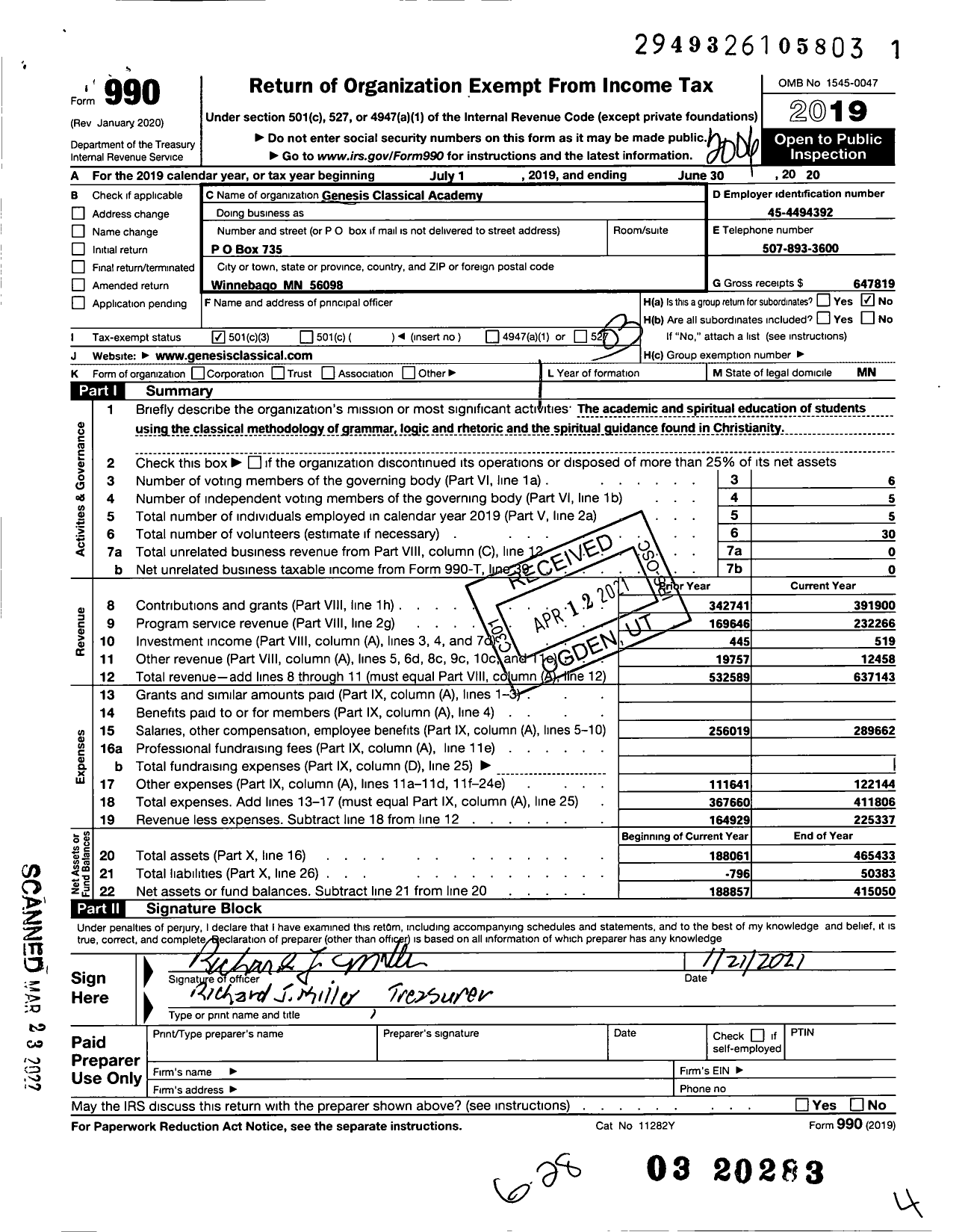 Image of first page of 2019 Form 990 for Genesis Classical Academy