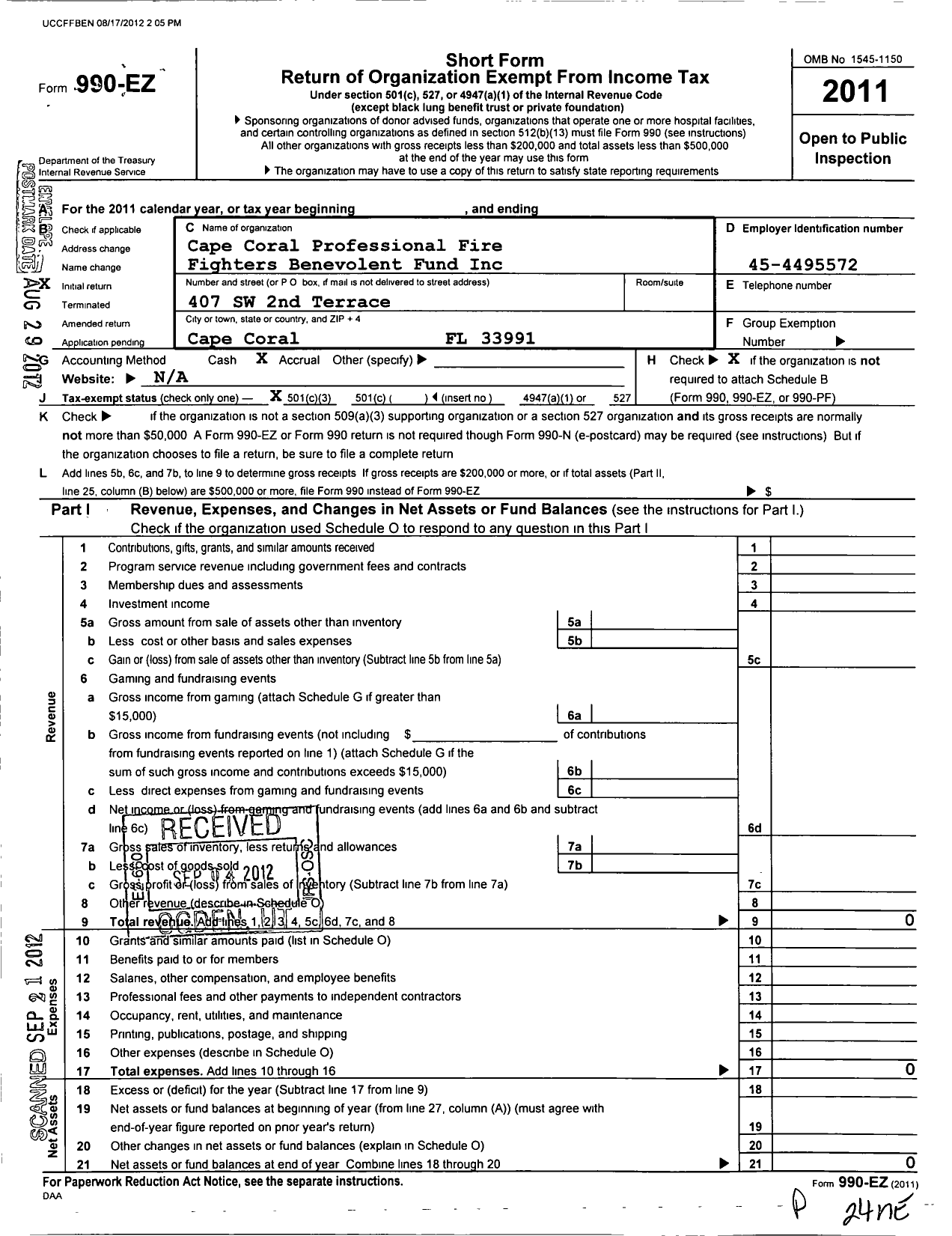 Image of first page of 2011 Form 990EZ for Cape Coral Professional Fire Fighters Benevolent Fund