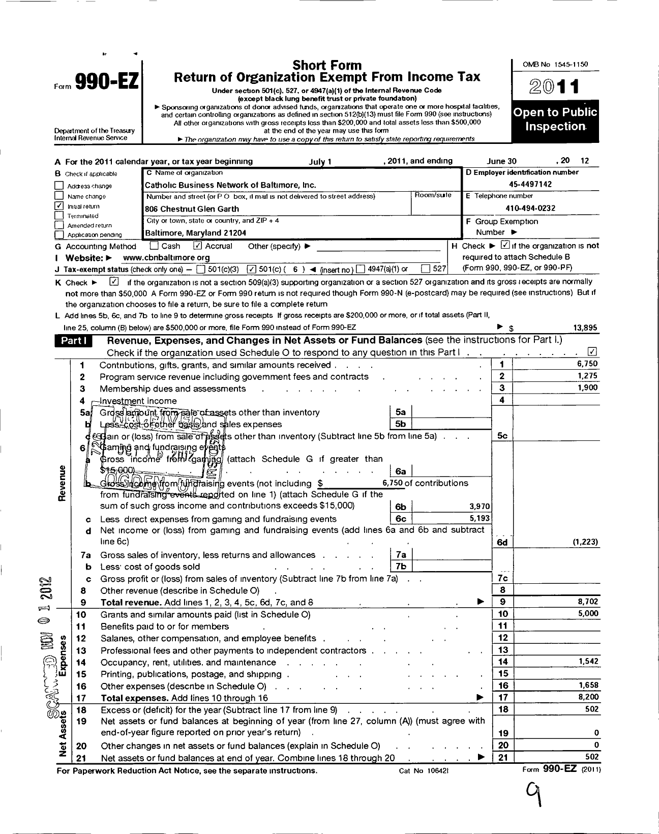 Image of first page of 2011 Form 990EO for Catholic Business Network of Baltimore