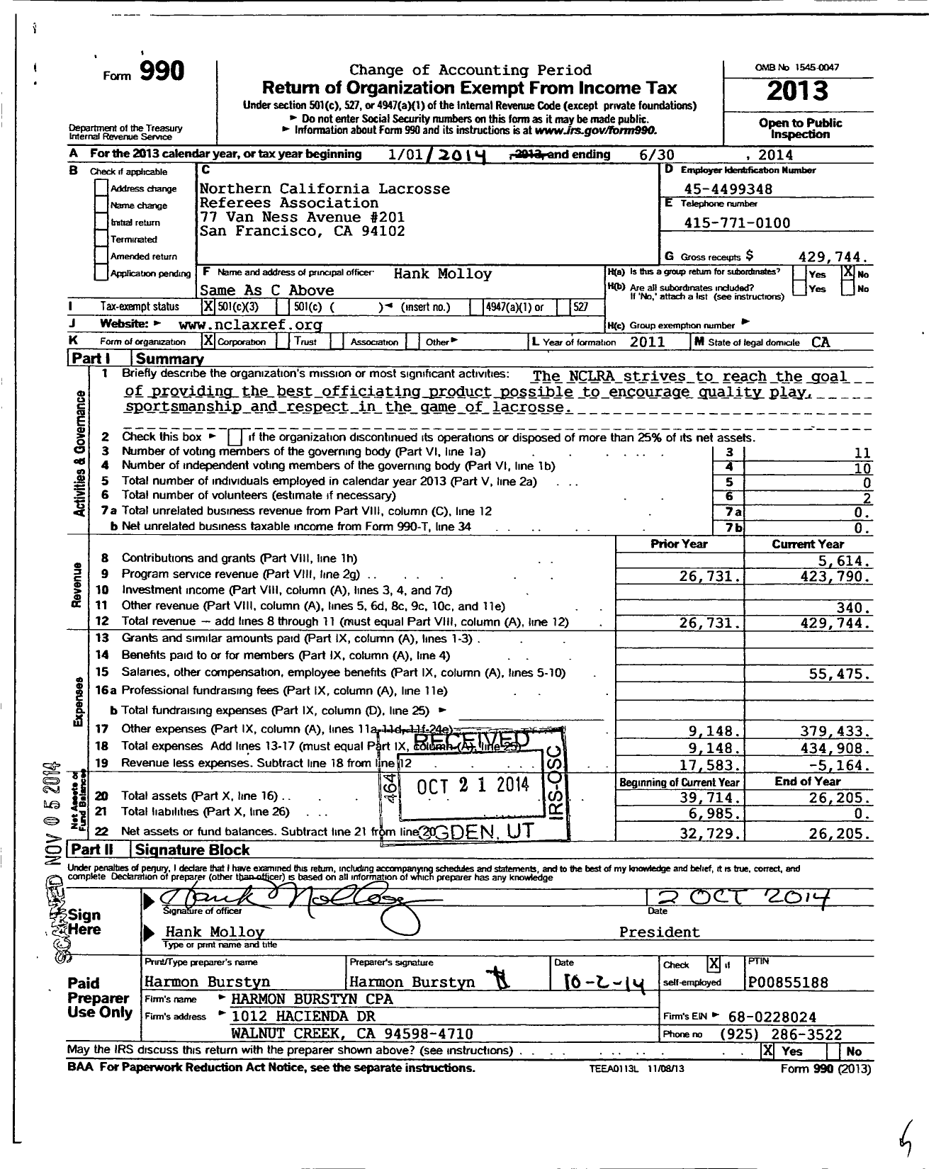 Image of first page of 2013 Form 990 for Northern California Lacrosse Referees Association