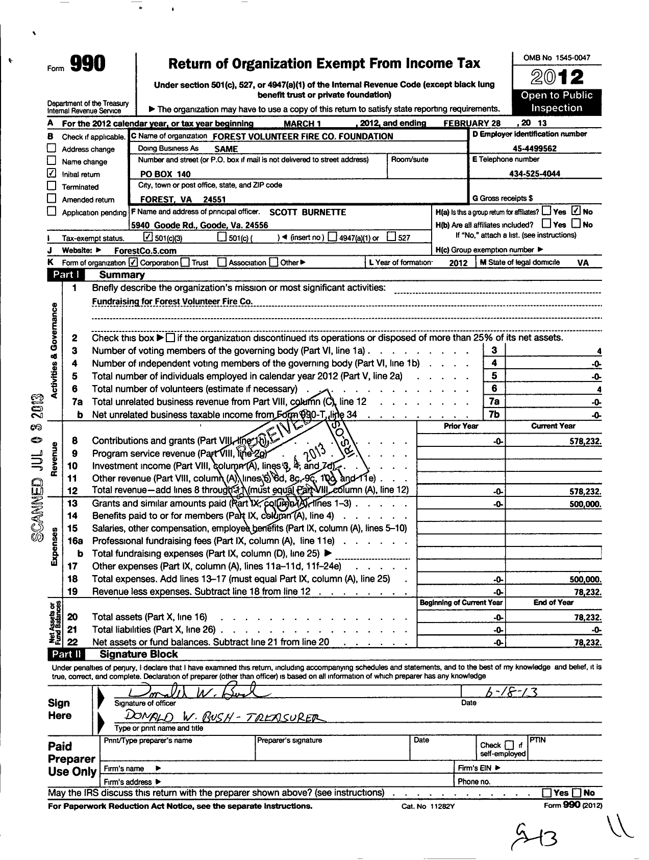 Image of first page of 2012 Form 990 for Forest Volunteer Fire Company Foundation Incorporated