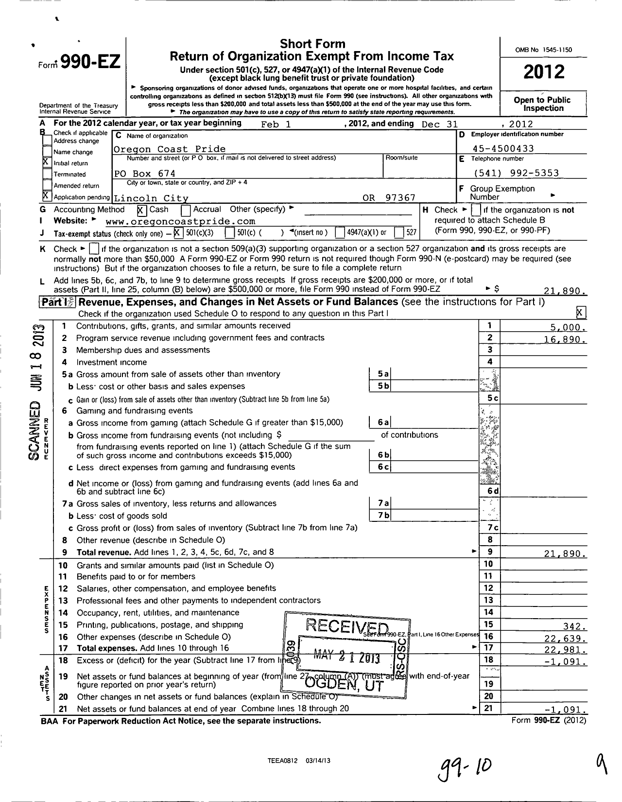 Image of first page of 2012 Form 990EZ for Oregon Coast Pride