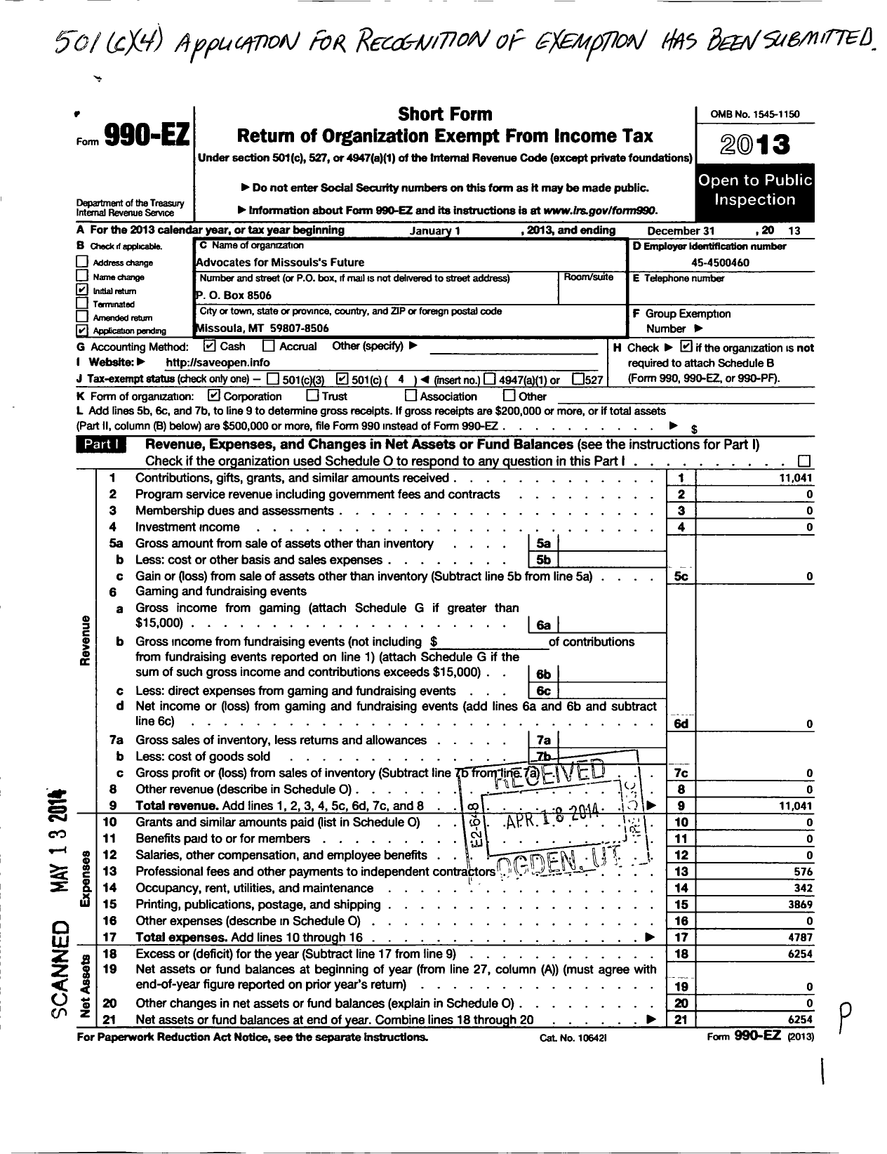 Image of first page of 2013 Form 990EO for Advocates for Missoulas Future