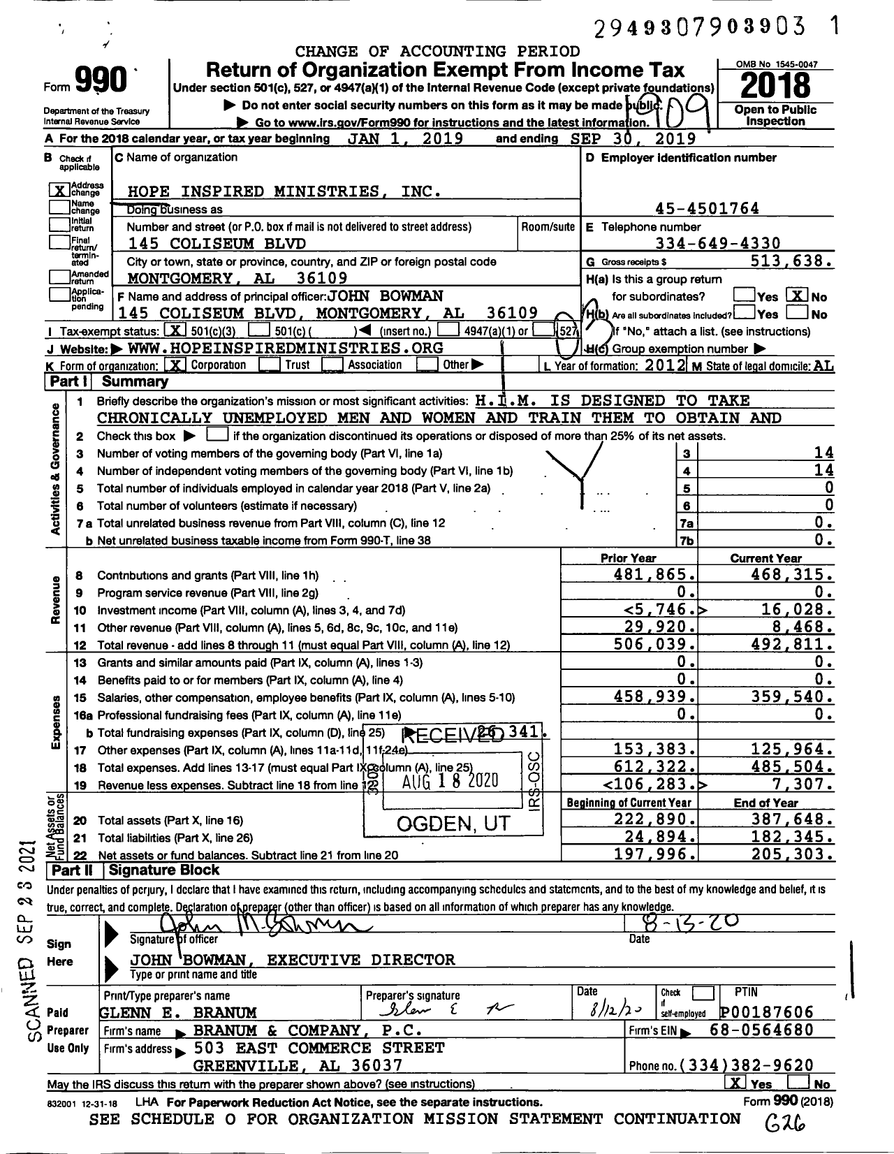 Image of first page of 2018 Form 990 for Hope Inspired Ministries