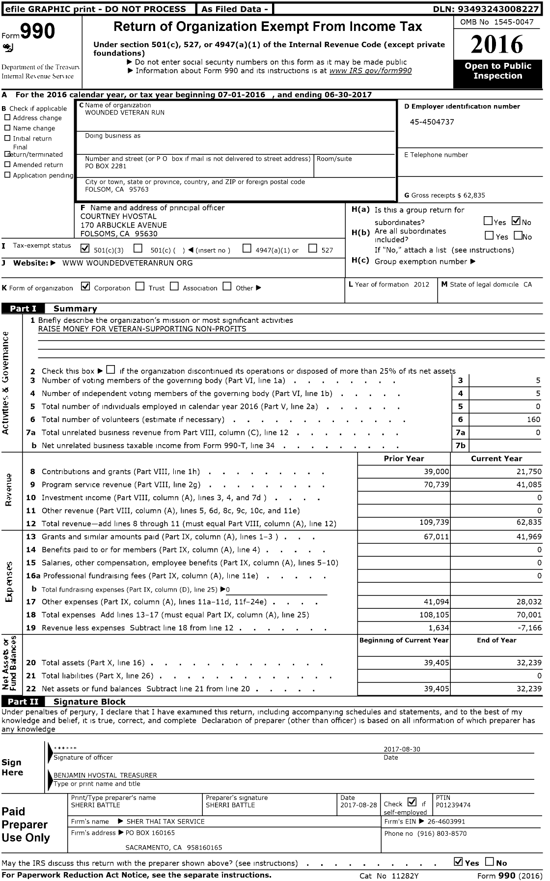 Image of first page of 2016 Form 990 for Wounded Veteran Run