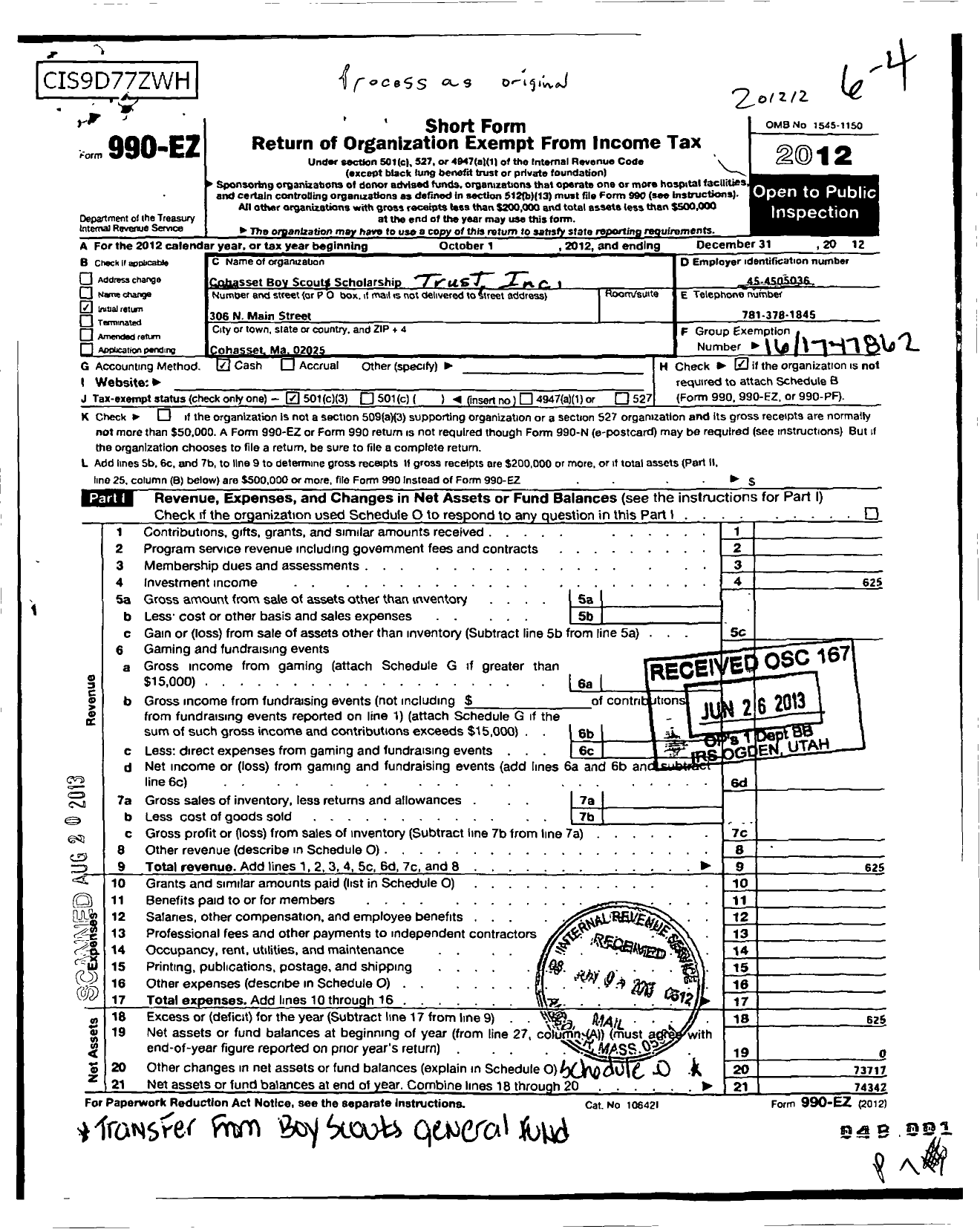 Image of first page of 2012 Form 990EZ for Cohasset Scout Scholarship Trust