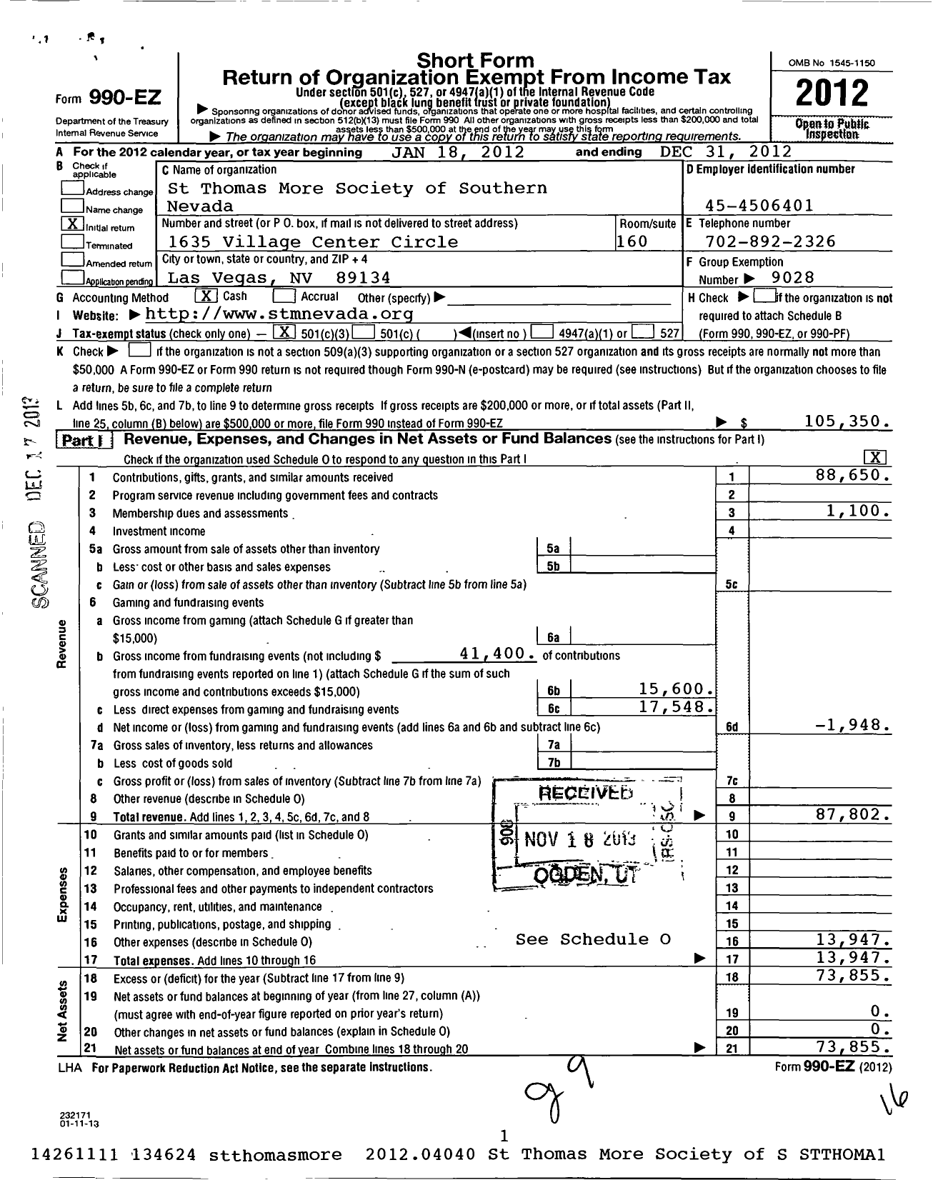 Image of first page of 2012 Form 990EZ for St Thomas More Society of Southern Nevada