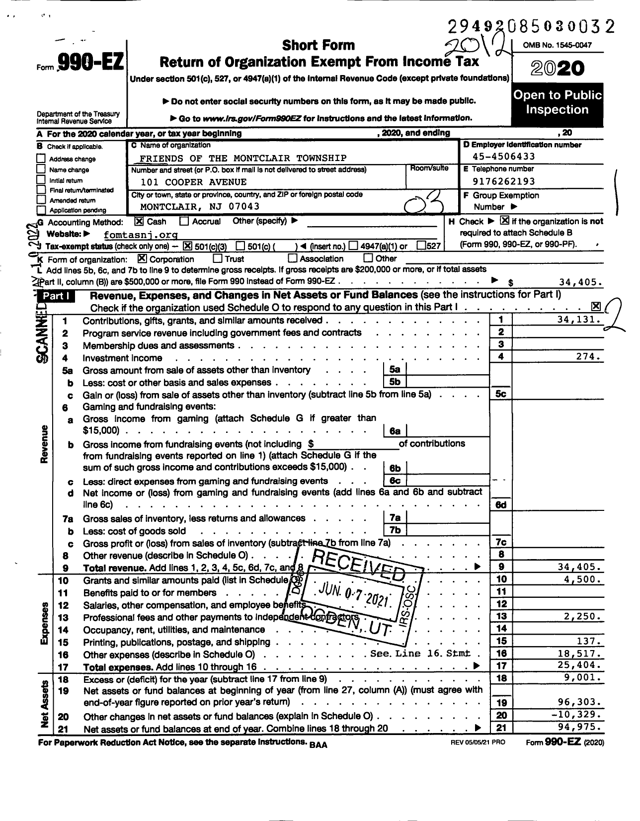Image of first page of 2020 Form 990EZ for Friends of the Montclair Township