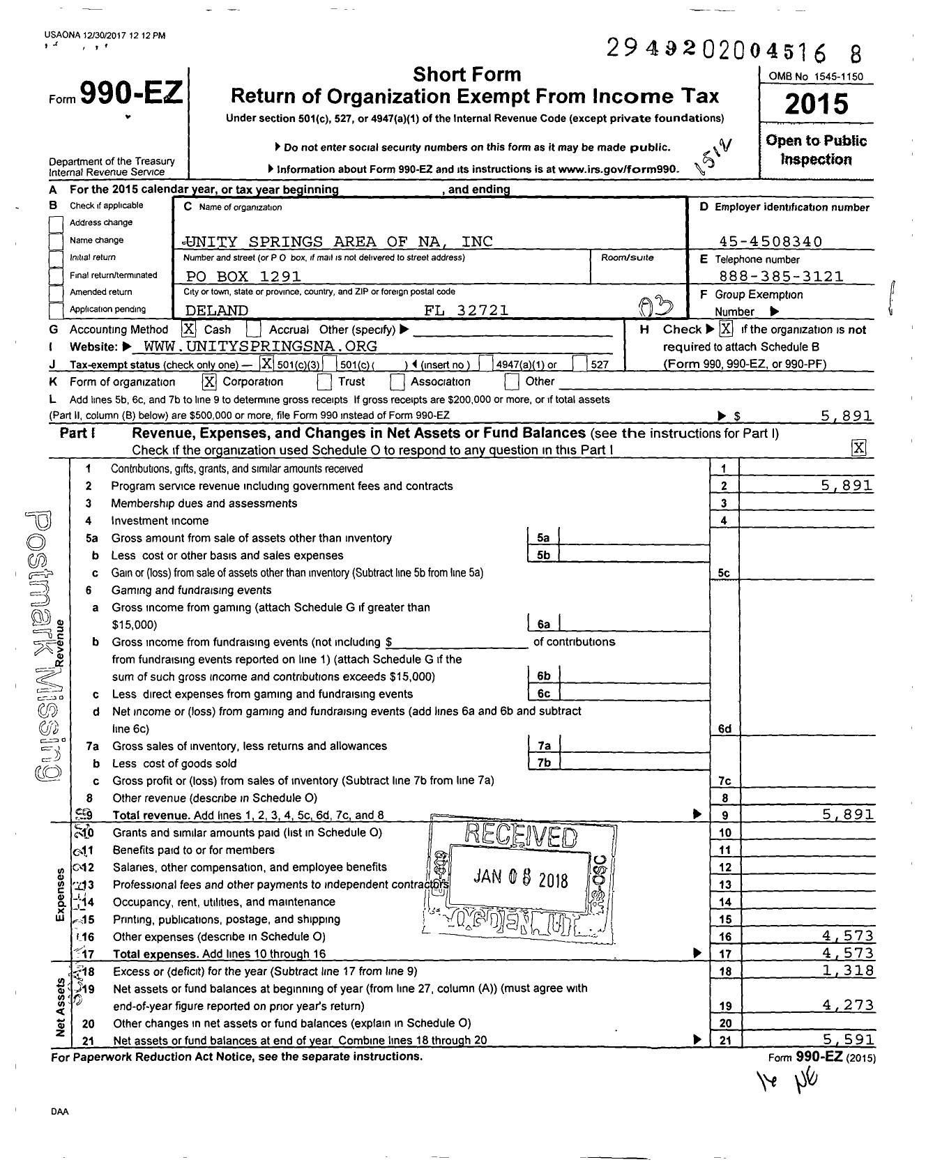 Image of first page of 2015 Form 990EZ for Unity Springs Area of Na