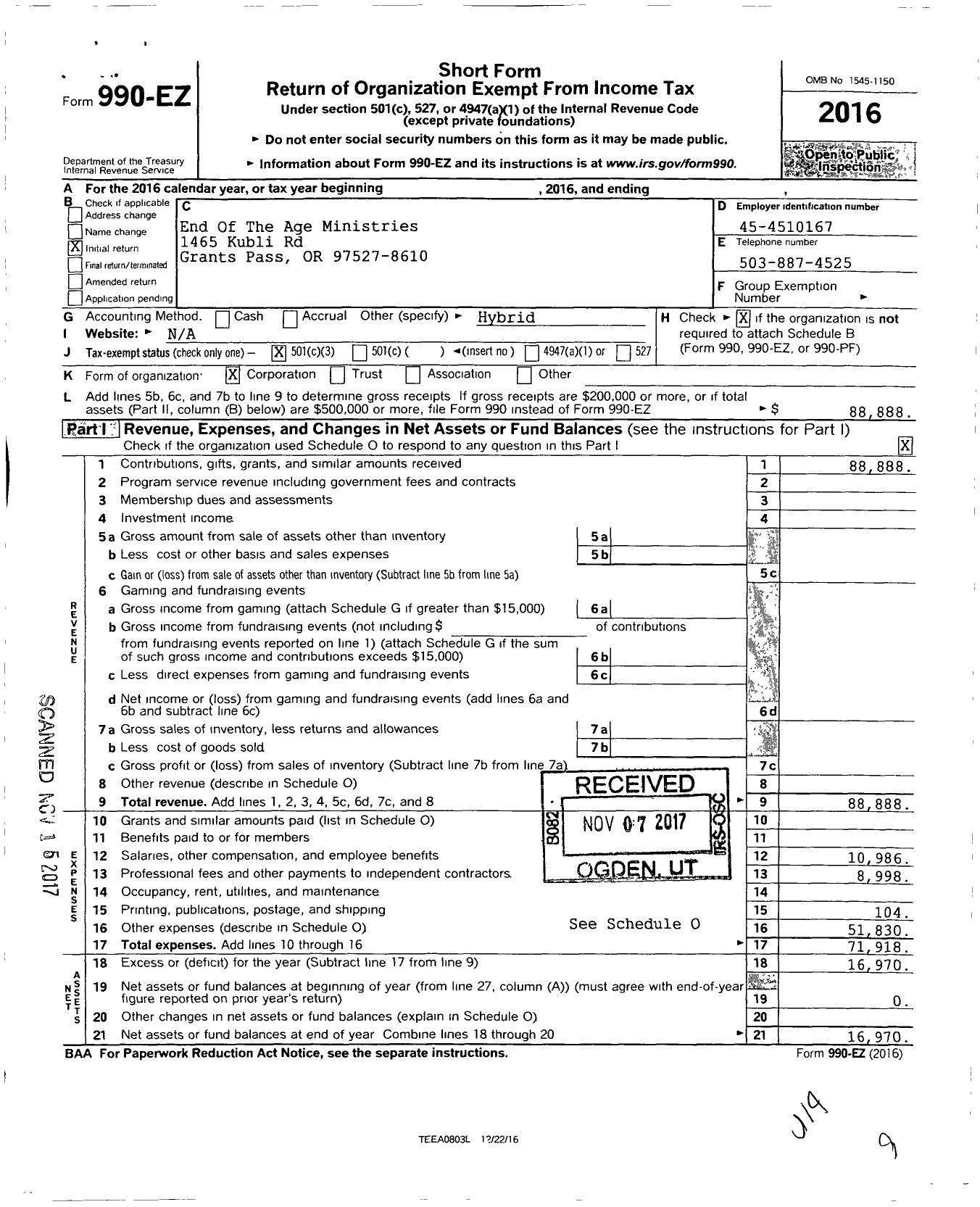 Image of first page of 2016 Form 990EZ for Eota Ministries