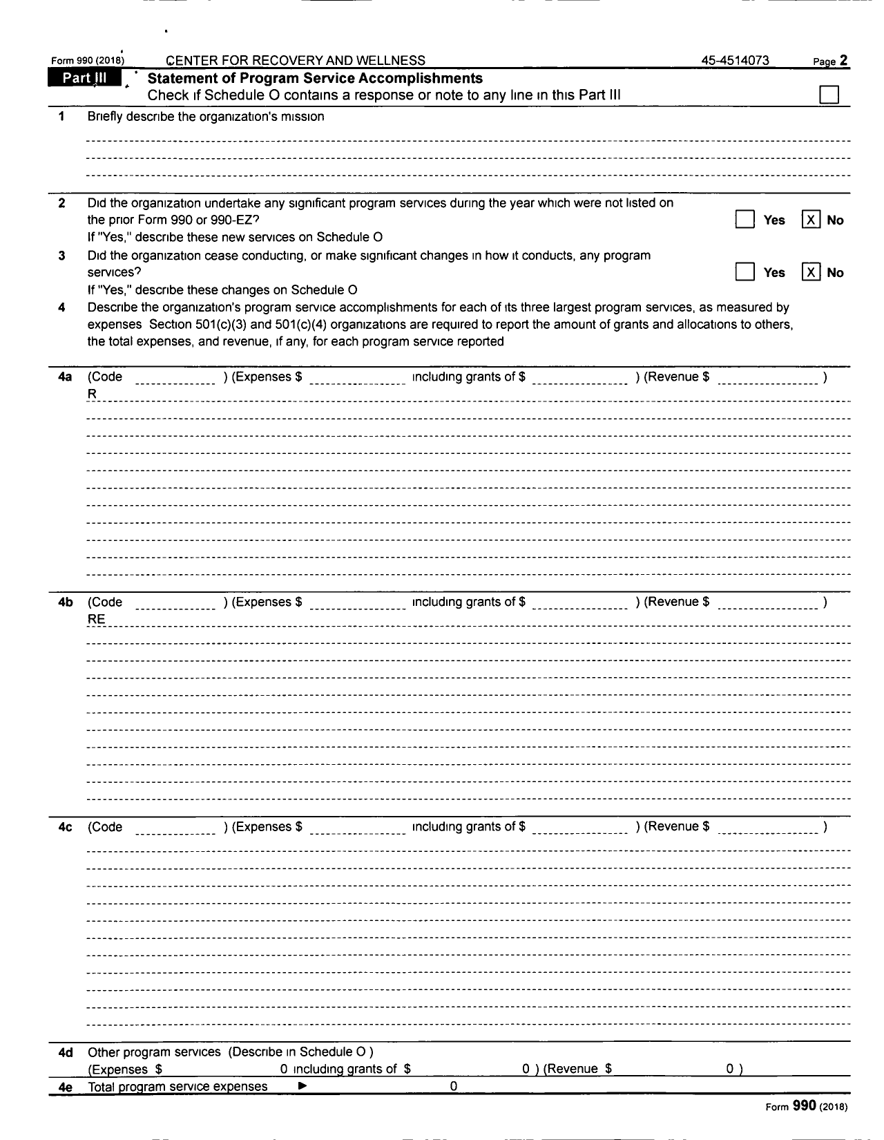 Image of first page of 2018 Form 990 for Center for Recovery and Wellness Resources