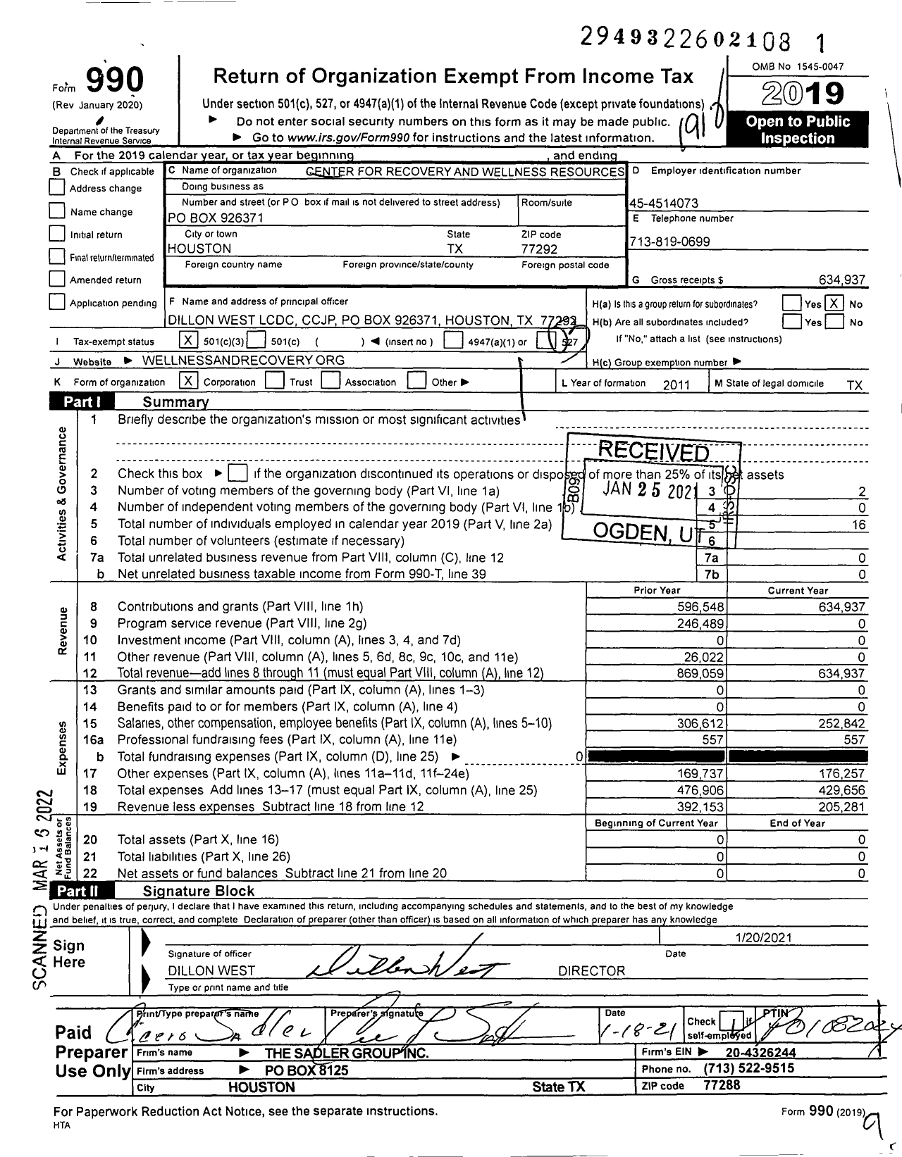 Image of first page of 2019 Form 990 for Center for Recovery and Wellness Resources