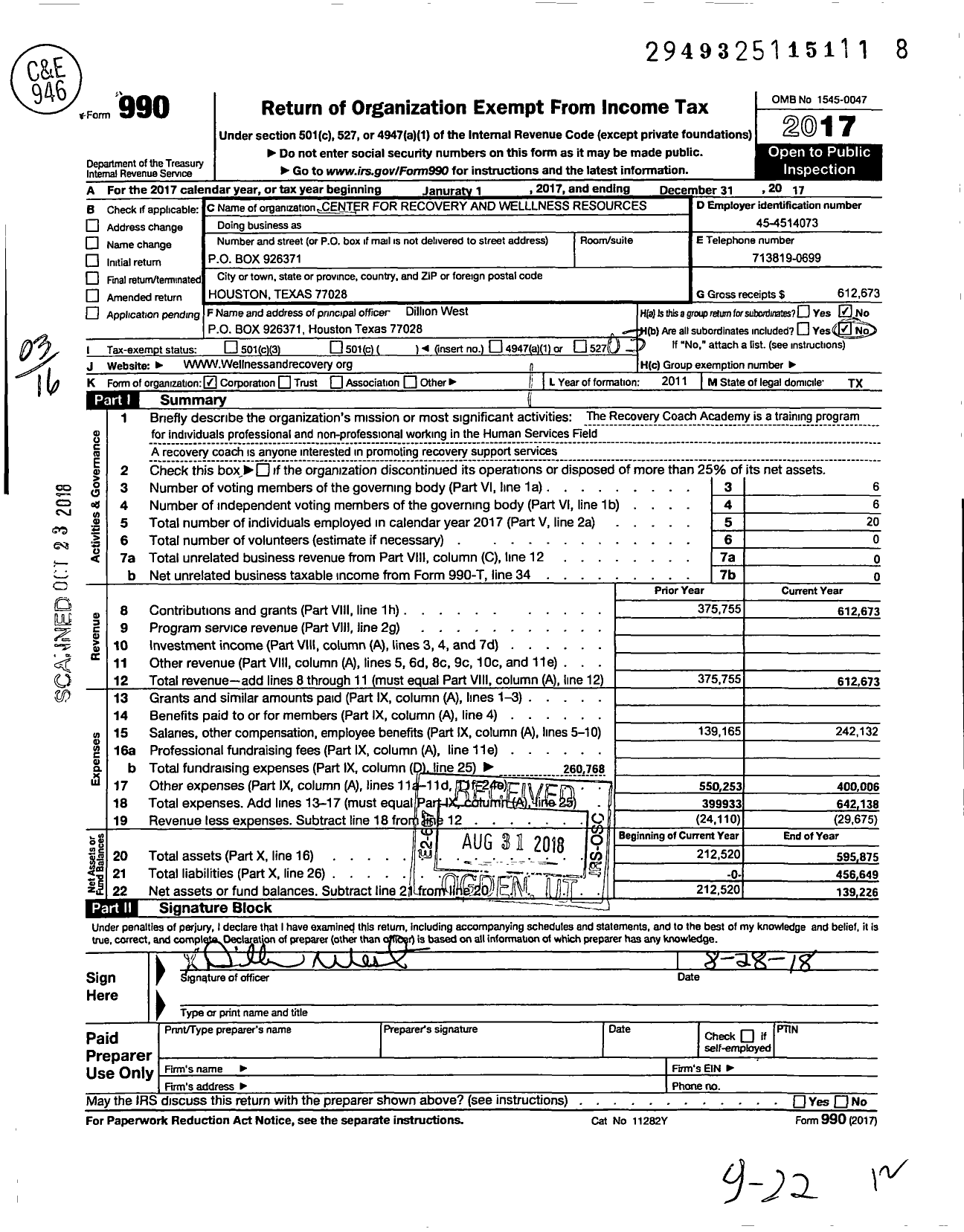 Image of first page of 2017 Form 990 for Center for Recovery and Wellness Resources