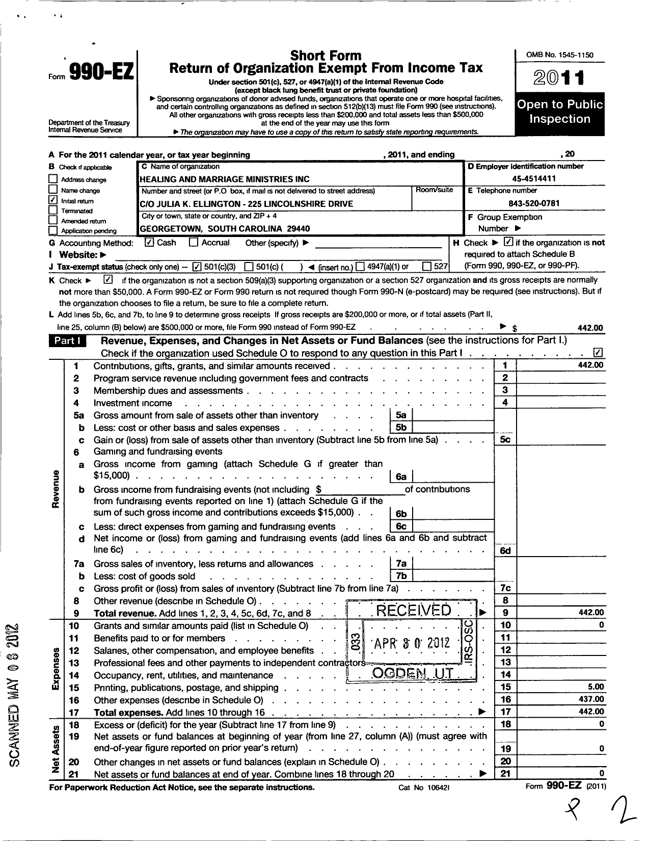 Image of first page of 2011 Form 990EZ for World Harvest Church Ministries