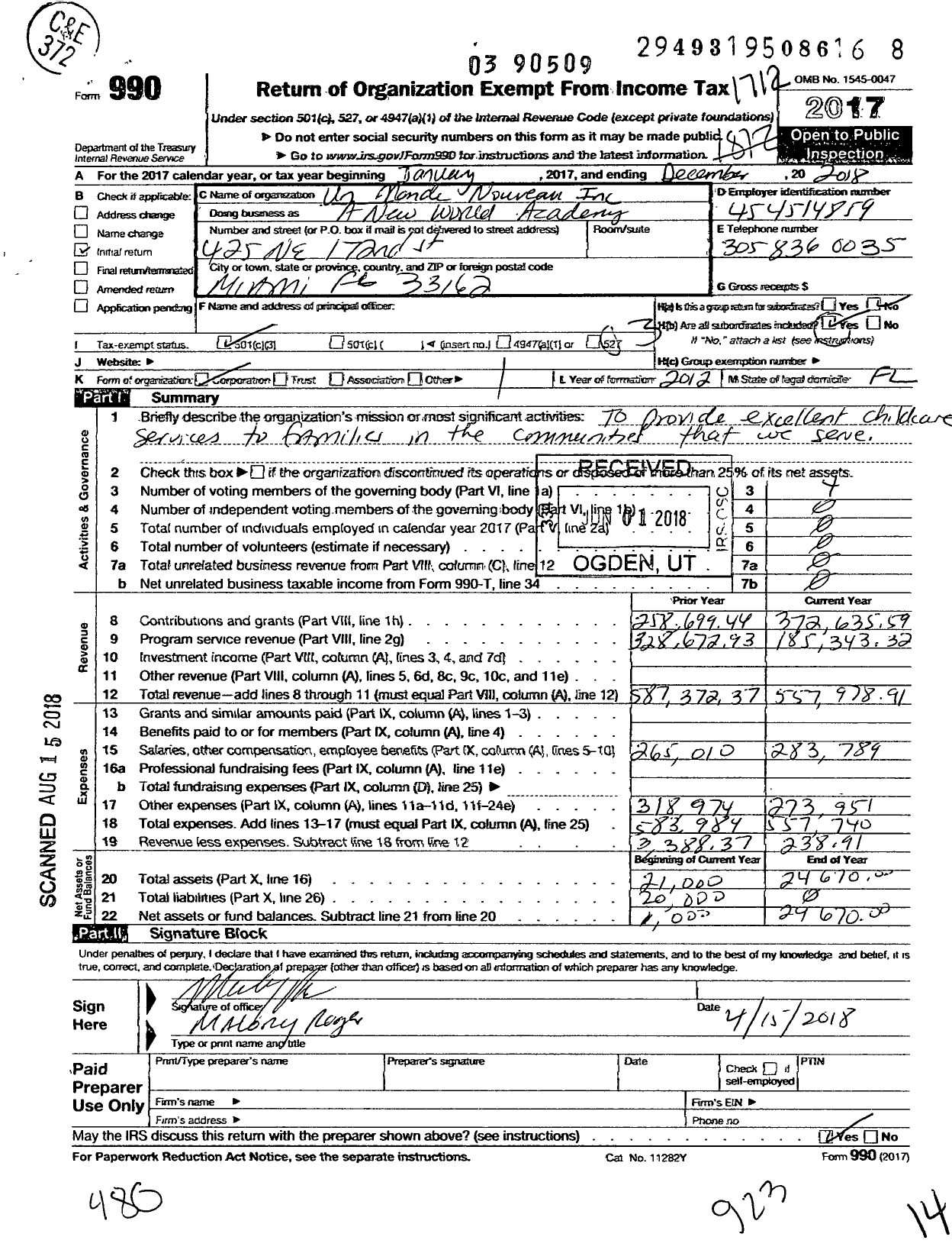 Image of first page of 2017 Form 990 for A New World Academy
