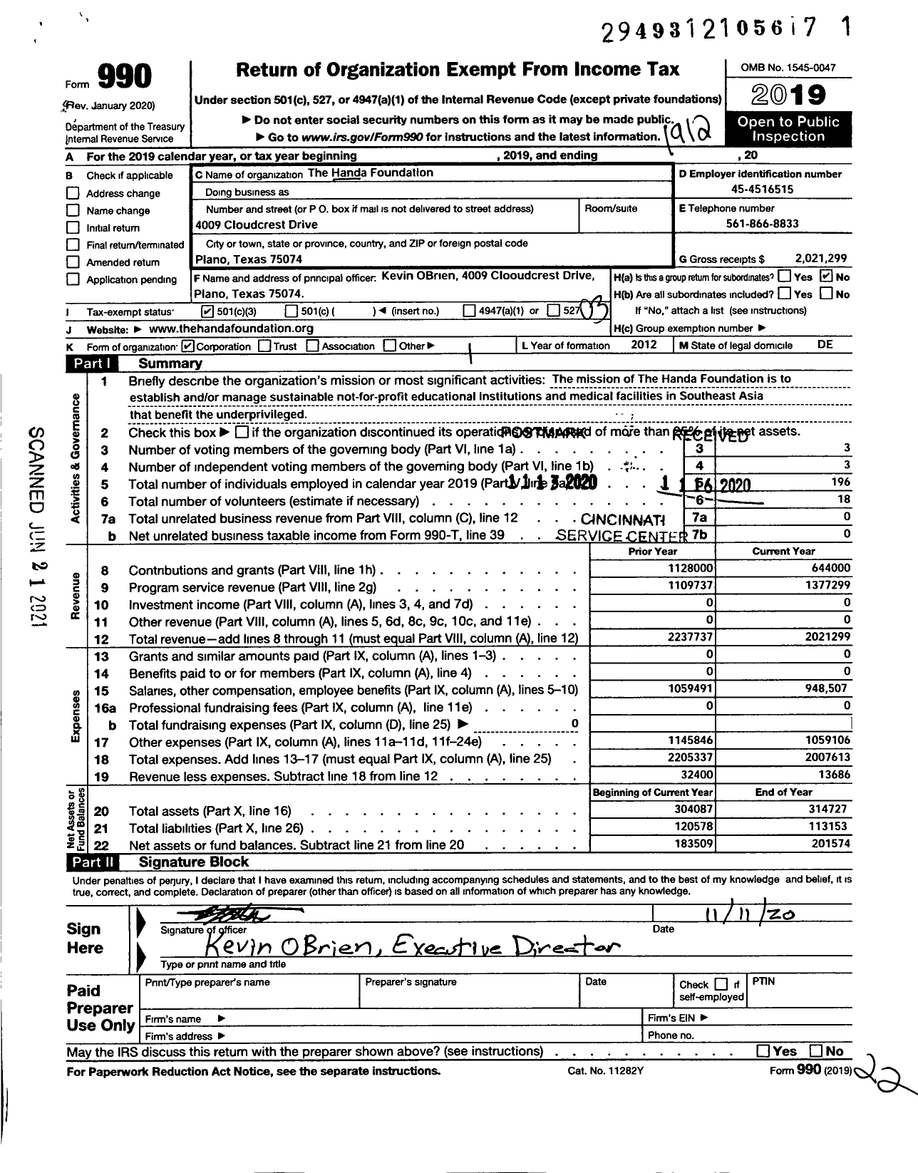 Image of first page of 2019 Form 990 for Handa Foundation