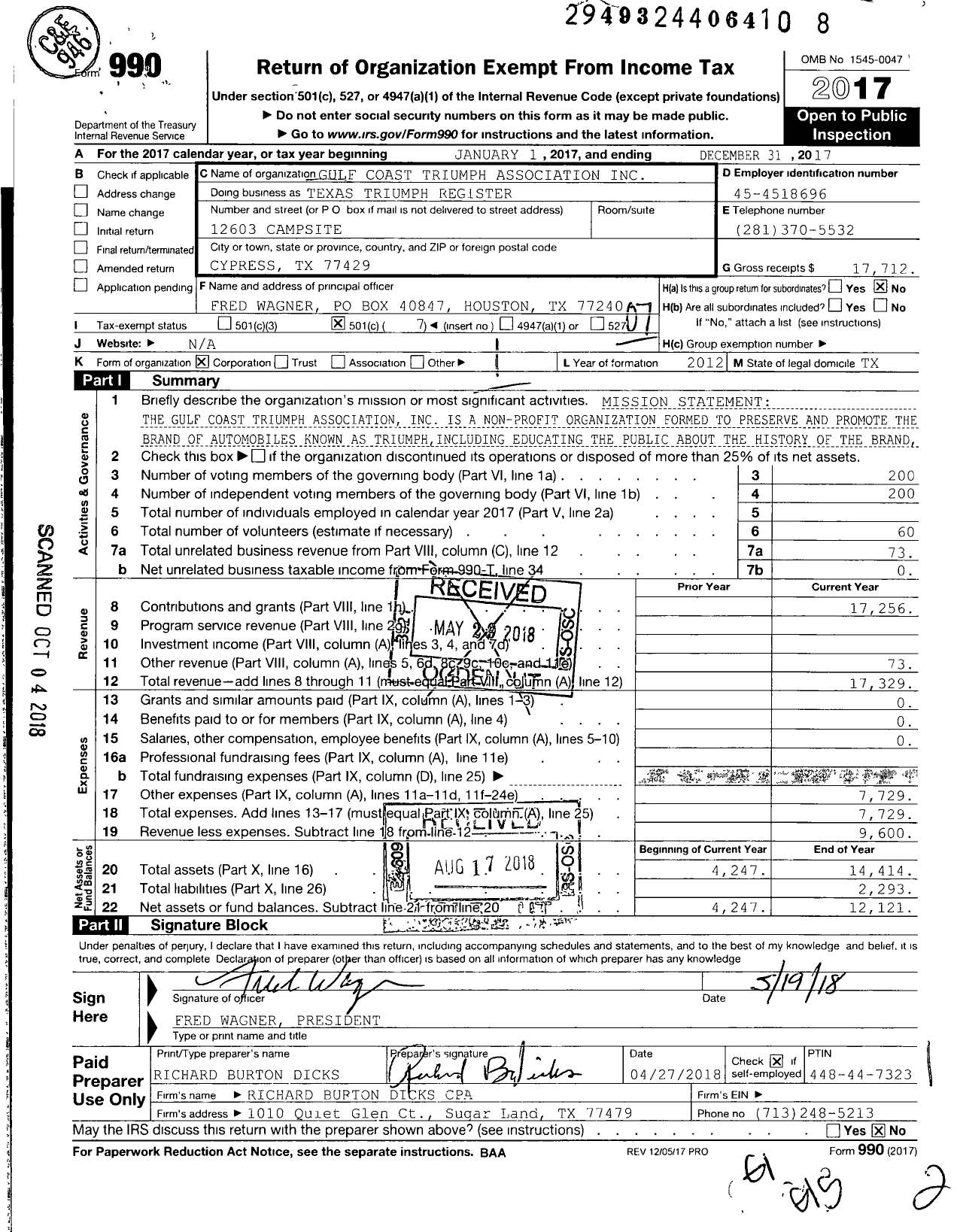 Image of first page of 2017 Form 990O for Gulf Coast Triumph Association