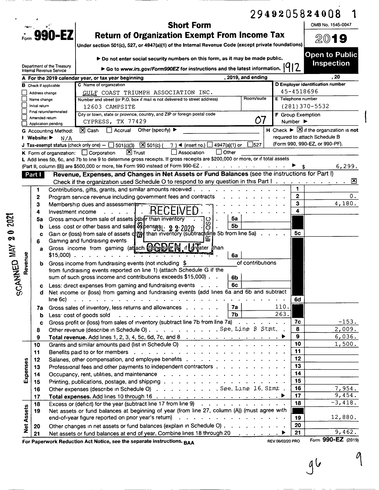 Image of first page of 2019 Form 990EO for Gulf Coast Triumph Association