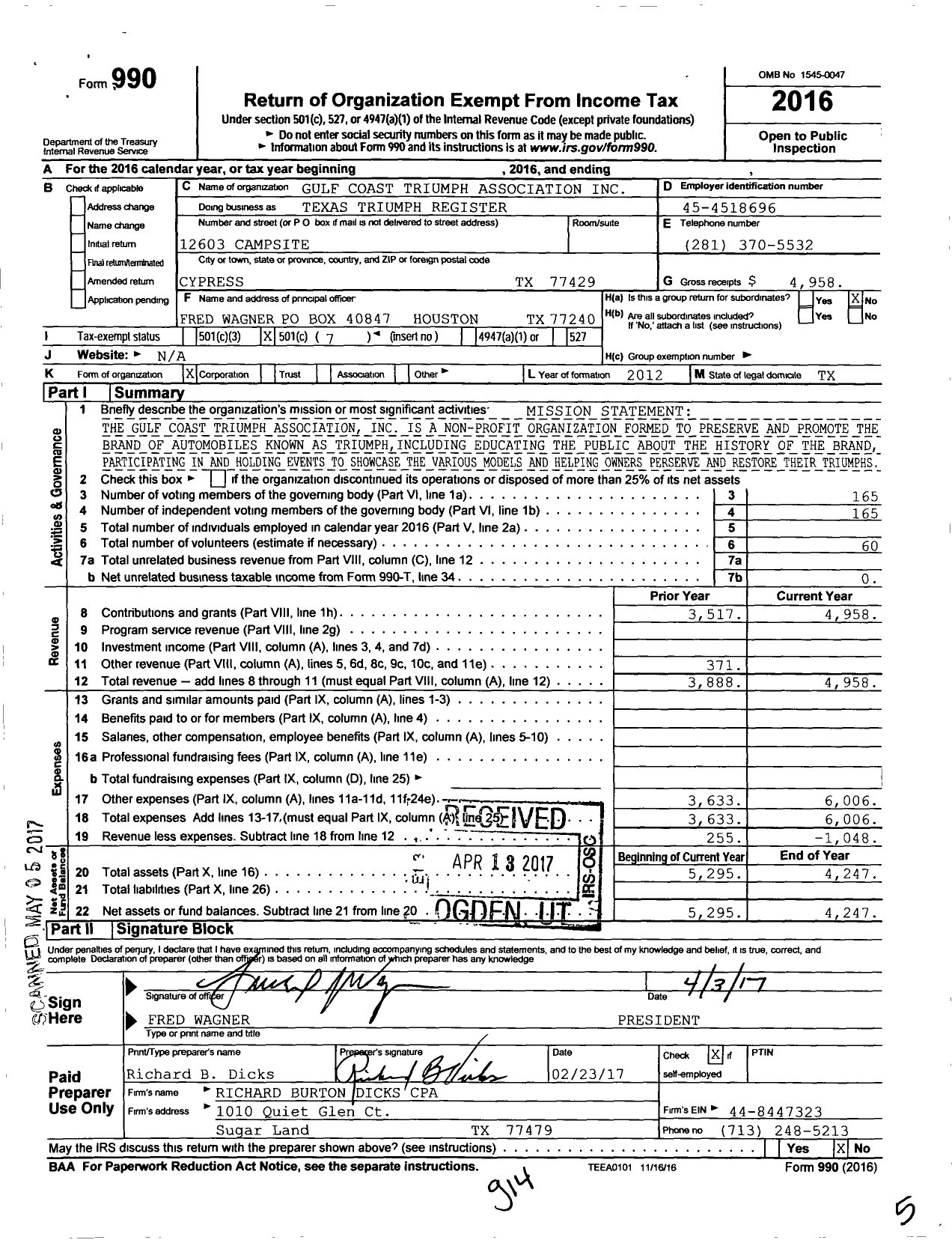 Image of first page of 2016 Form 990O for Gulf Coast Triumph Association